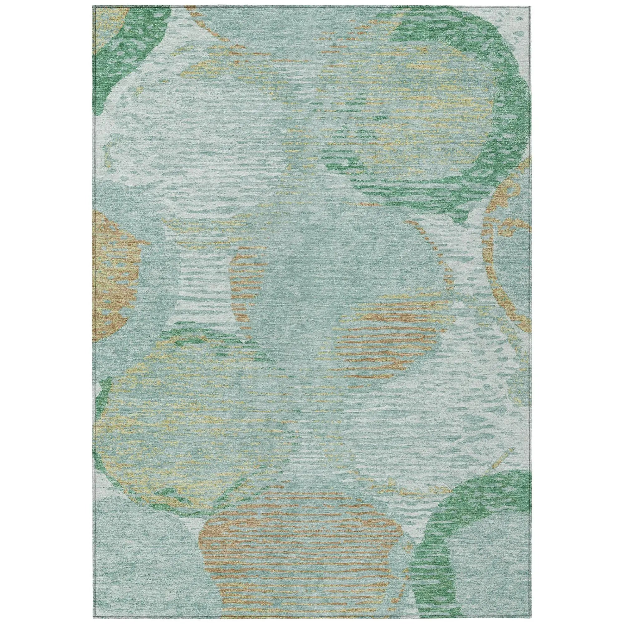 Abstract teal and beige area rug with circular patterns in mixed textures, perfect for modern home décor.