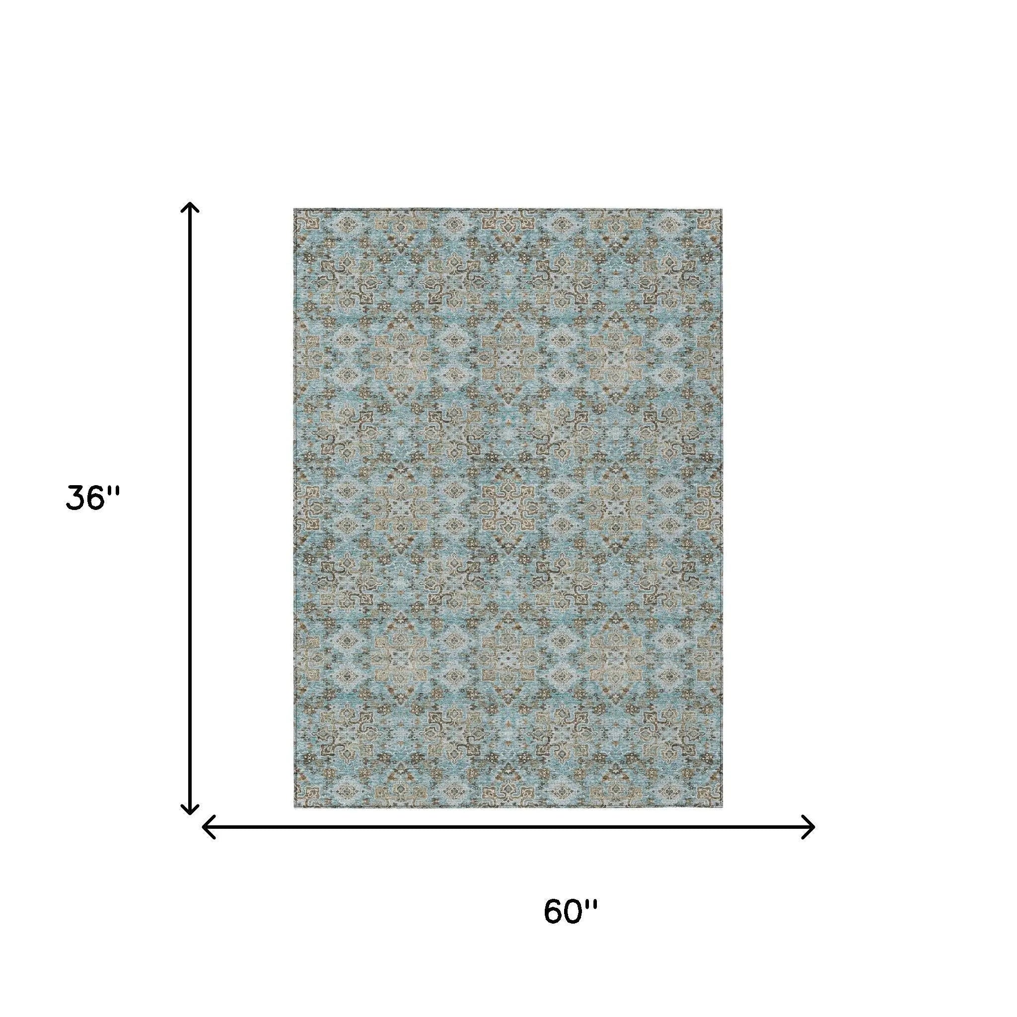 3' X 5' Teal Blue And Blue Oriental Washable Indoor Outdoor Area Rug Homeroots Outdoor