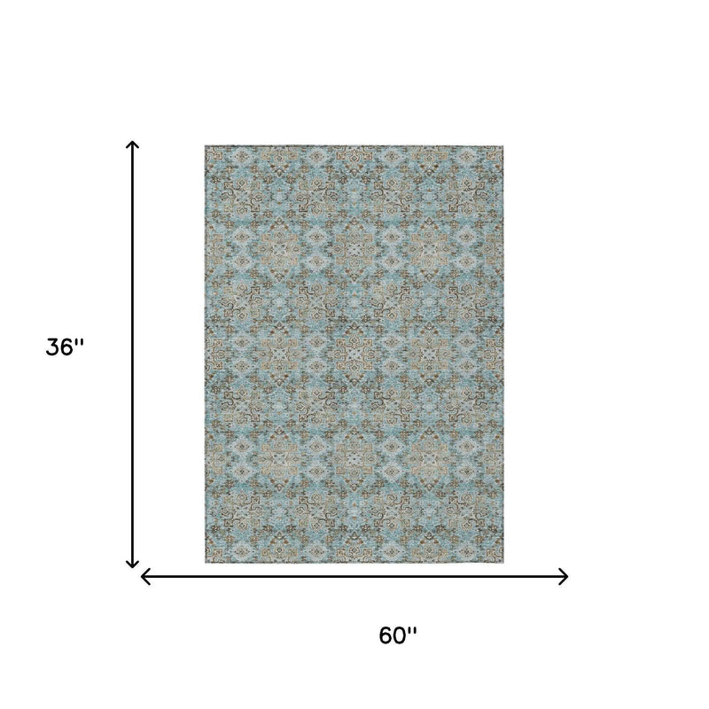 3' X 5' Teal Blue And Blue Oriental Washable Indoor Outdoor Area Rug Homeroots Outdoor