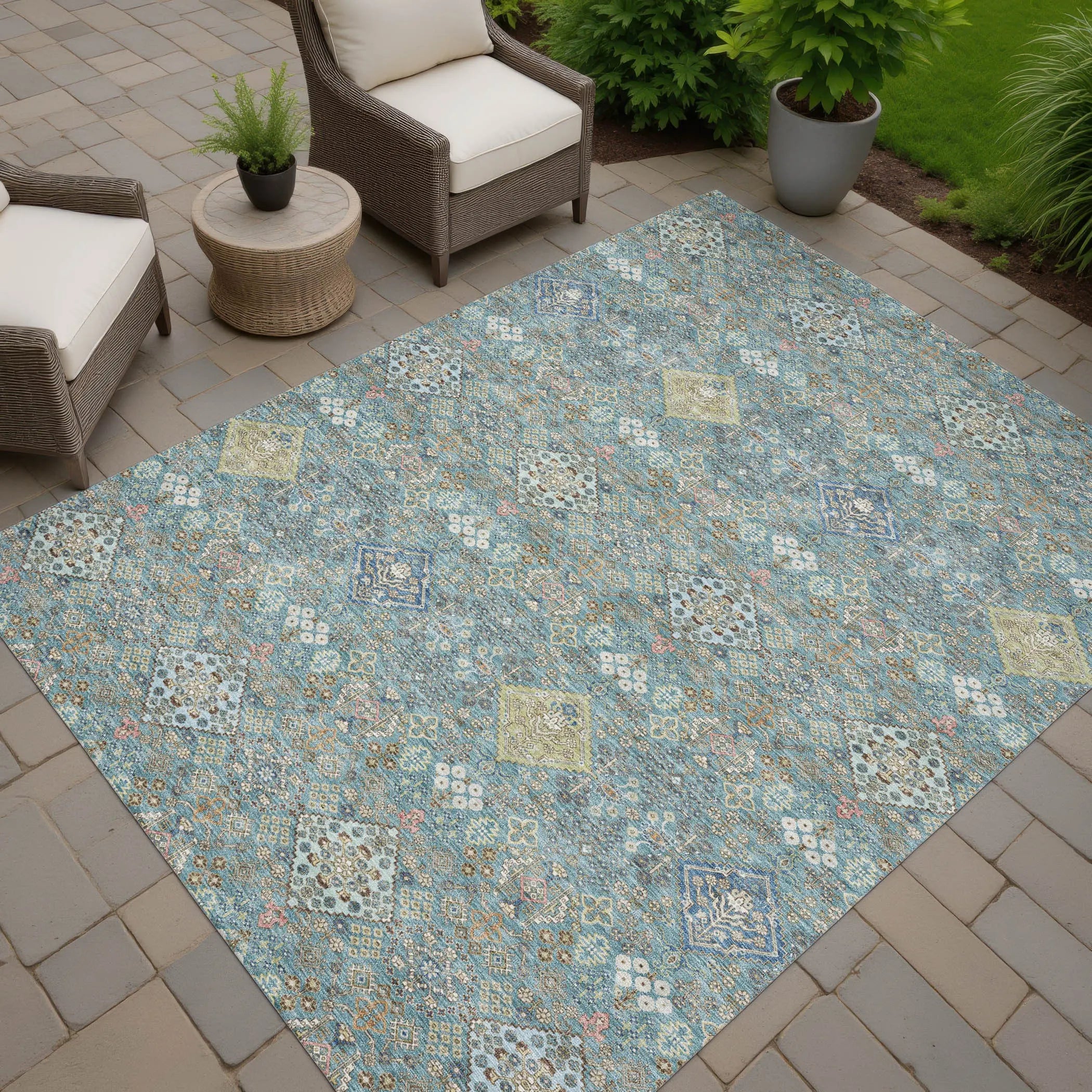 3' X 5' Teal Blue And Blue Oriental Washable Indoor Outdoor Area Rug Homeroots Outdoor