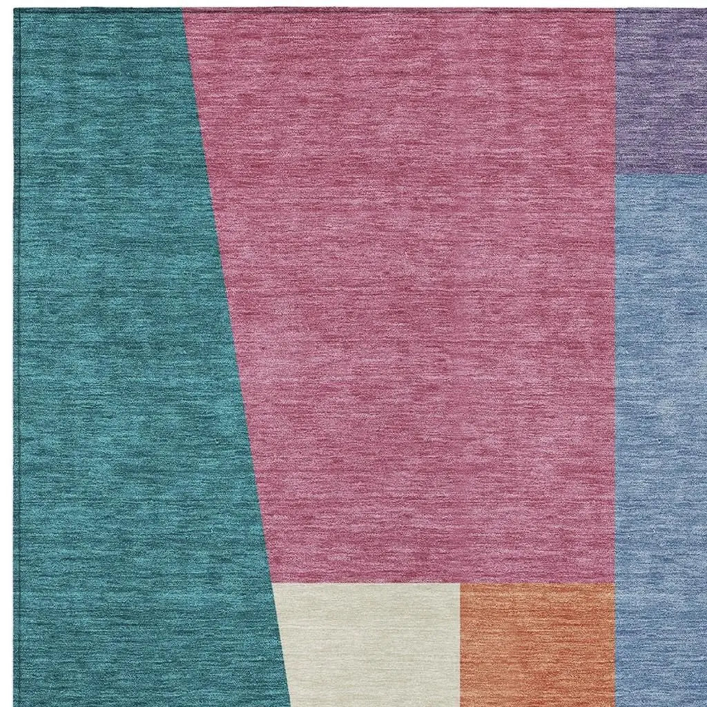3' X 5' Teal Blue And Blush Geometric Washable Indoor Outdoor Area Rug Homeroots Outdoor