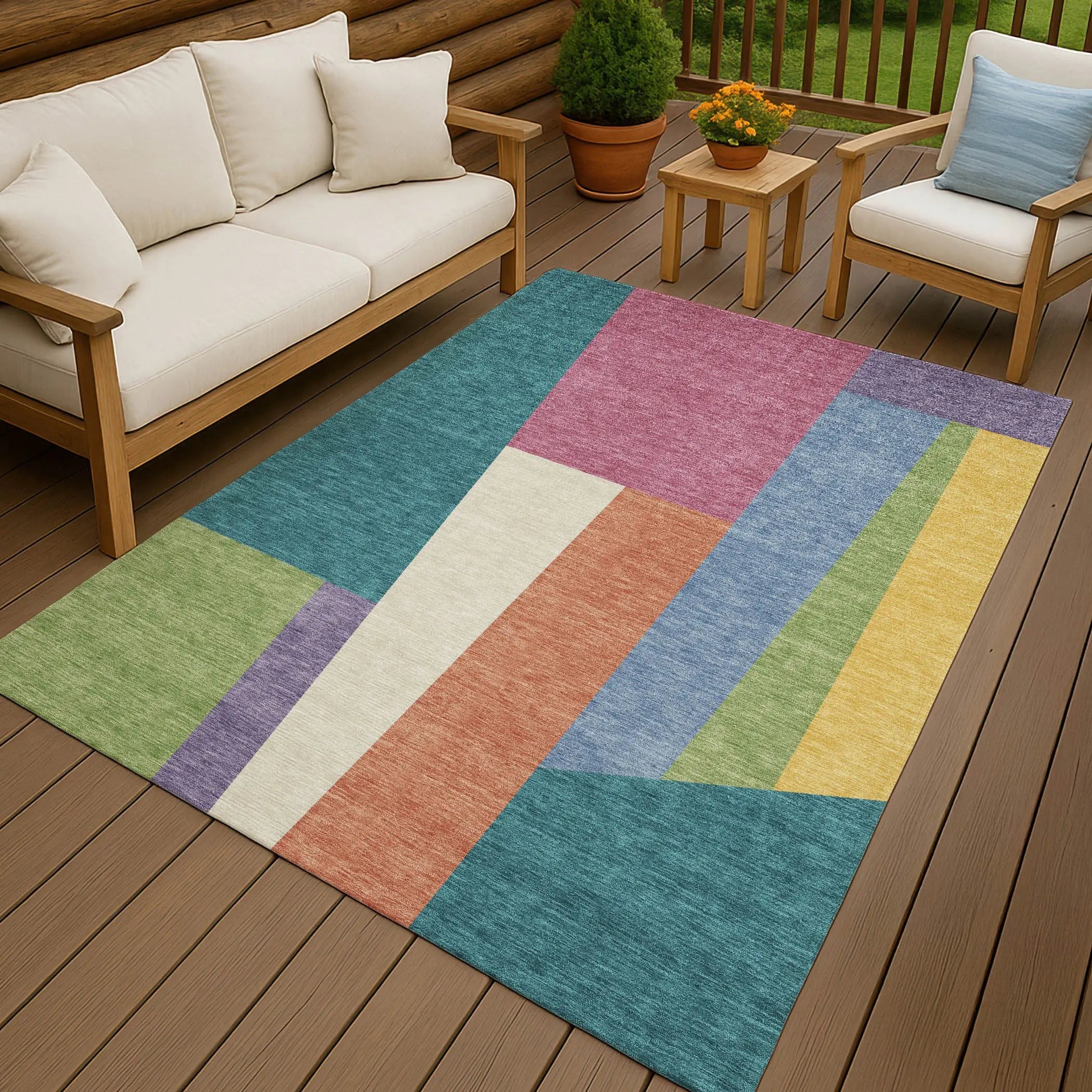 3' X 5' Teal Blue And Blush Geometric Washable Indoor Outdoor Area Rug Homeroots Outdoor