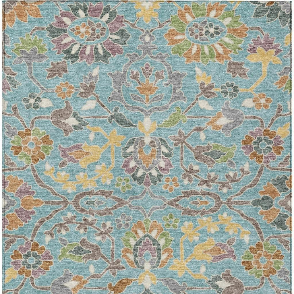 3' X 5' Teal Blue And Brown Floral Washable Indoor Outdoor Area Rug Homeroots Outdoor
