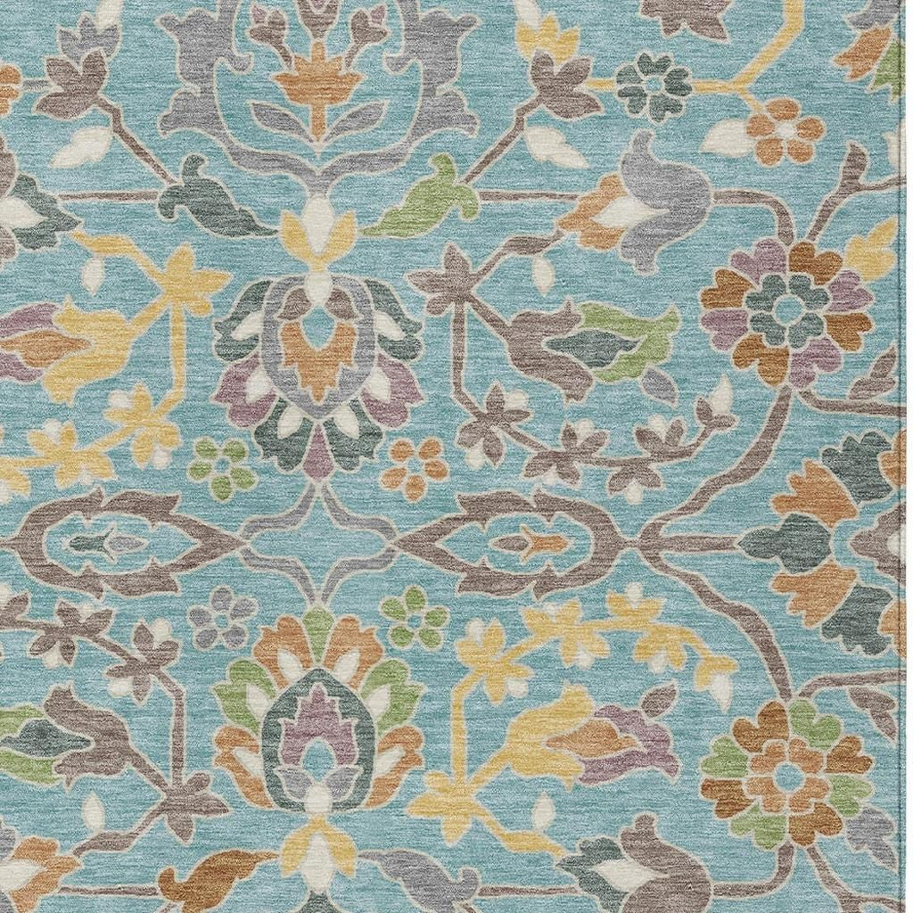 3' X 5' Teal Blue And Brown Floral Washable Indoor Outdoor Area Rug Homeroots Outdoor