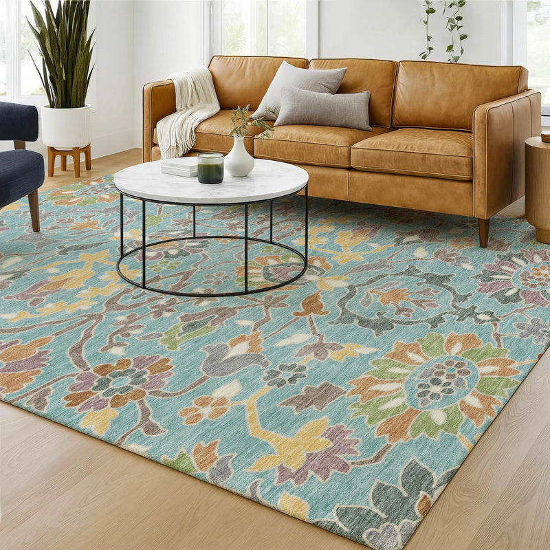 3' X 5' Teal Blue And Brown Floral Washable Indoor Outdoor Area Rug Homeroots Outdoor