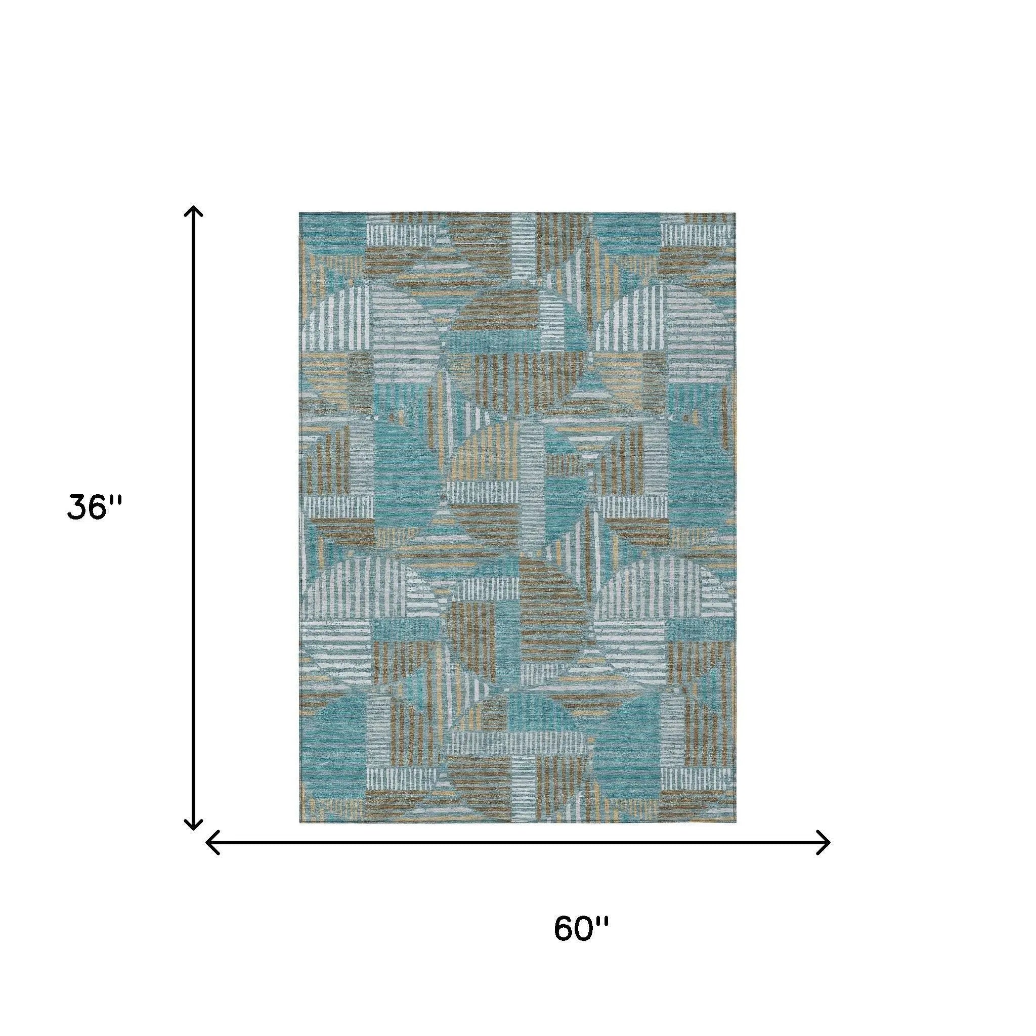 3' X 5' Teal Blue And Brown Geometric Washable Indoor Outdoor Area Rug Homeroots Outdoor