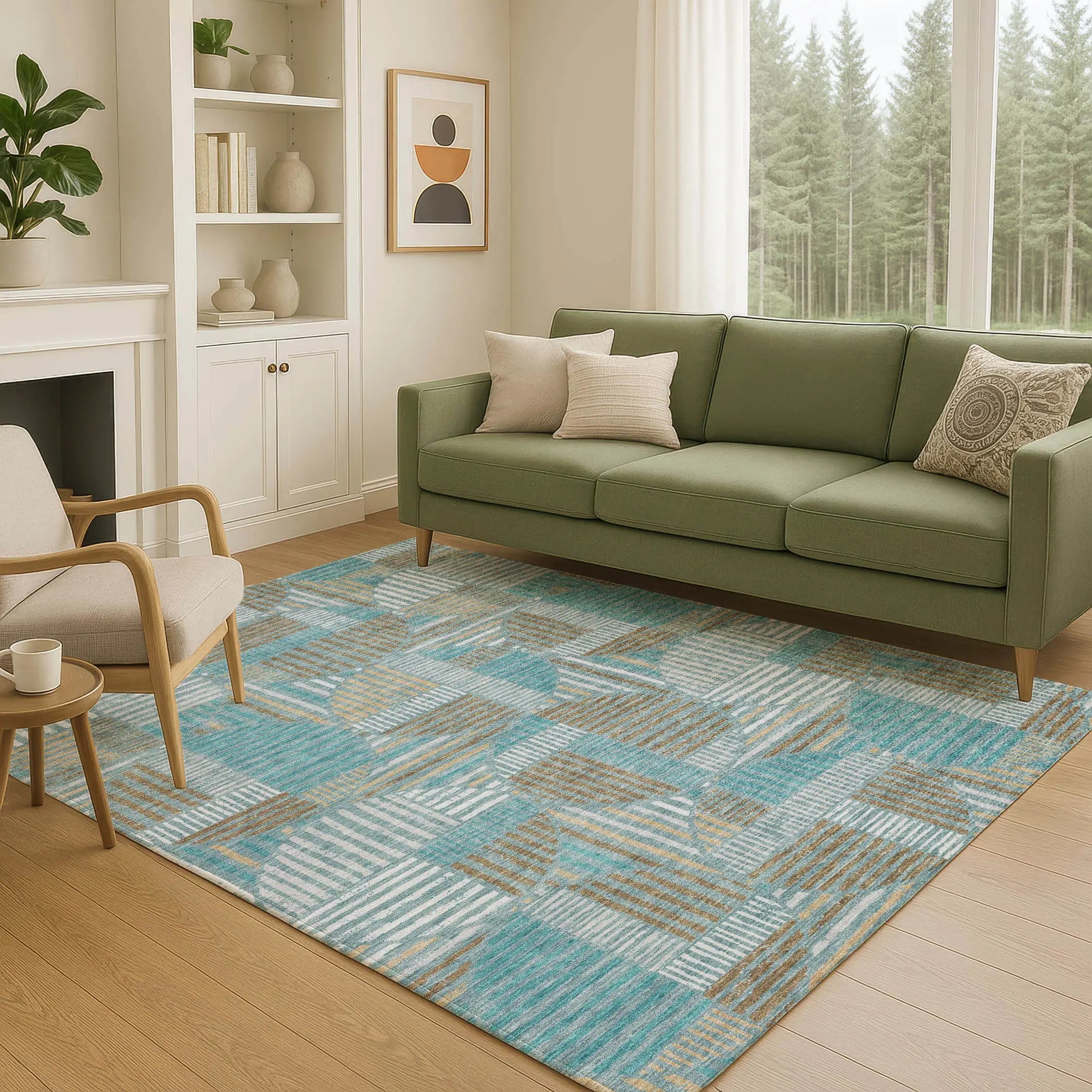 3' X 5' Teal Blue And Brown Geometric Washable Indoor Outdoor Area Rug Homeroots Outdoor