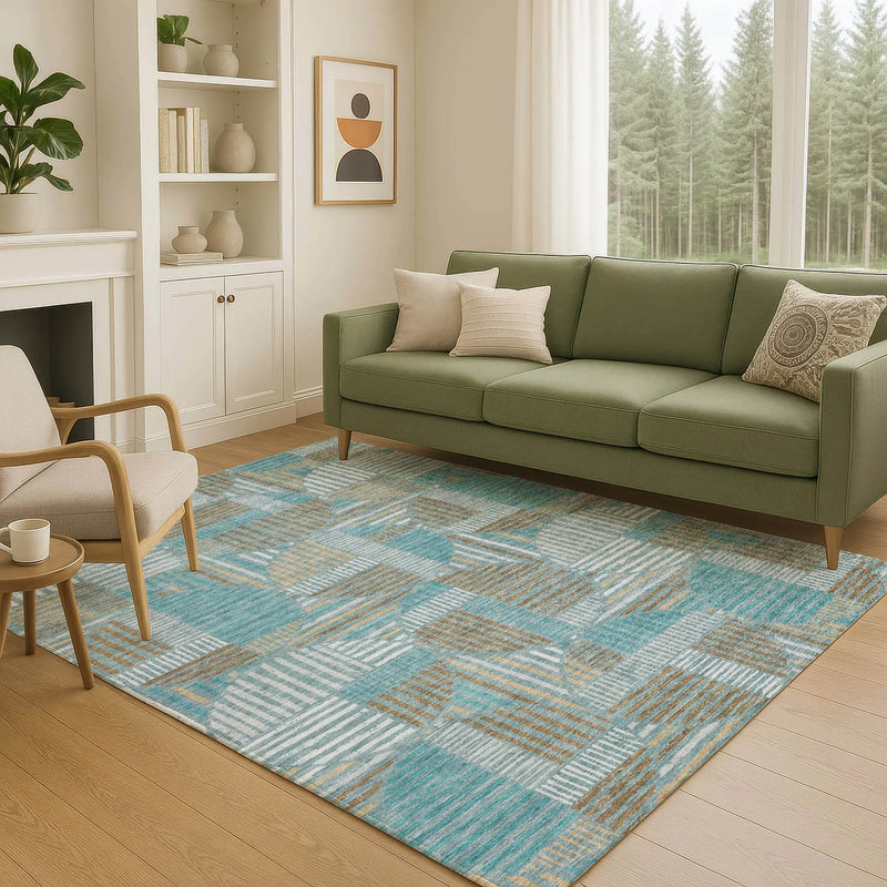 3' X 5' Teal Blue And Brown Geometric Washable Indoor Outdoor Area Rug Homeroots Outdoor
