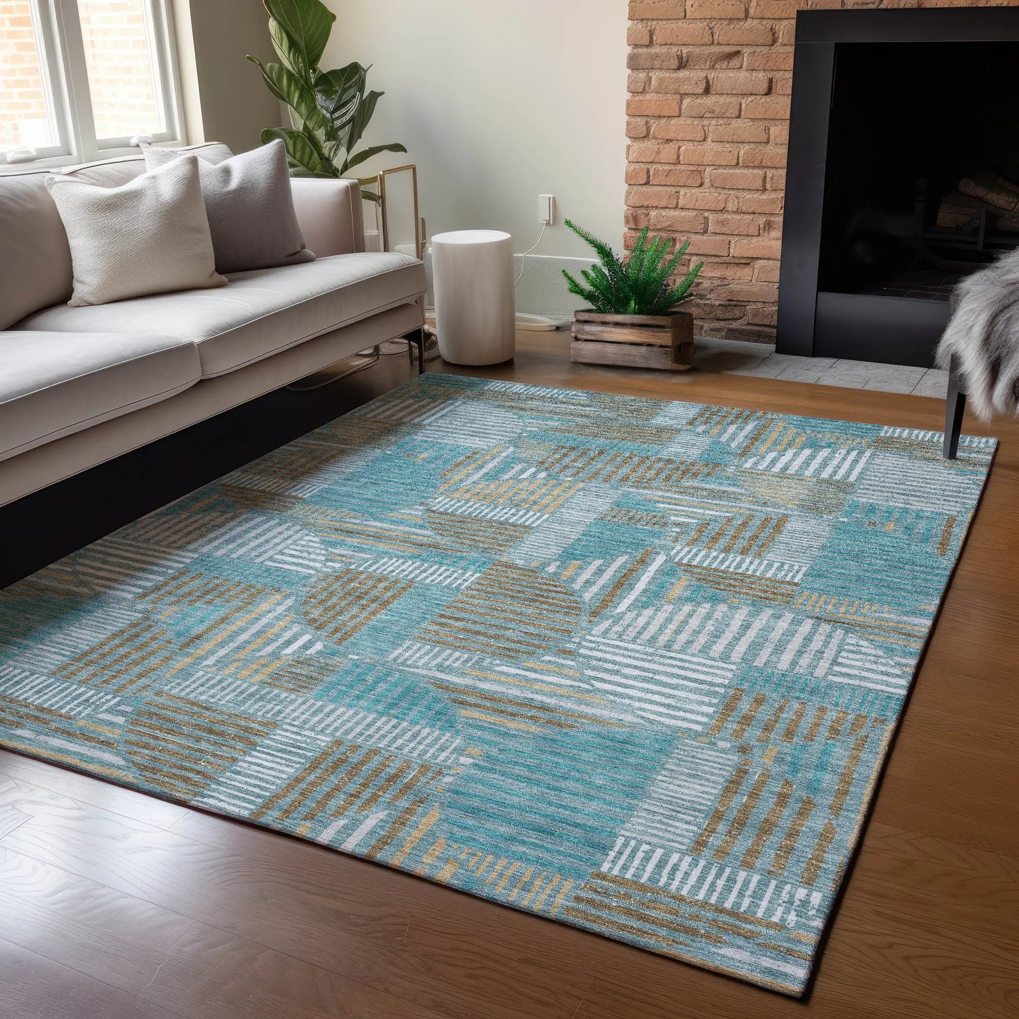 3' X 5' Teal Blue And Brown Geometric Washable Indoor Outdoor Area Rug Homeroots Outdoor