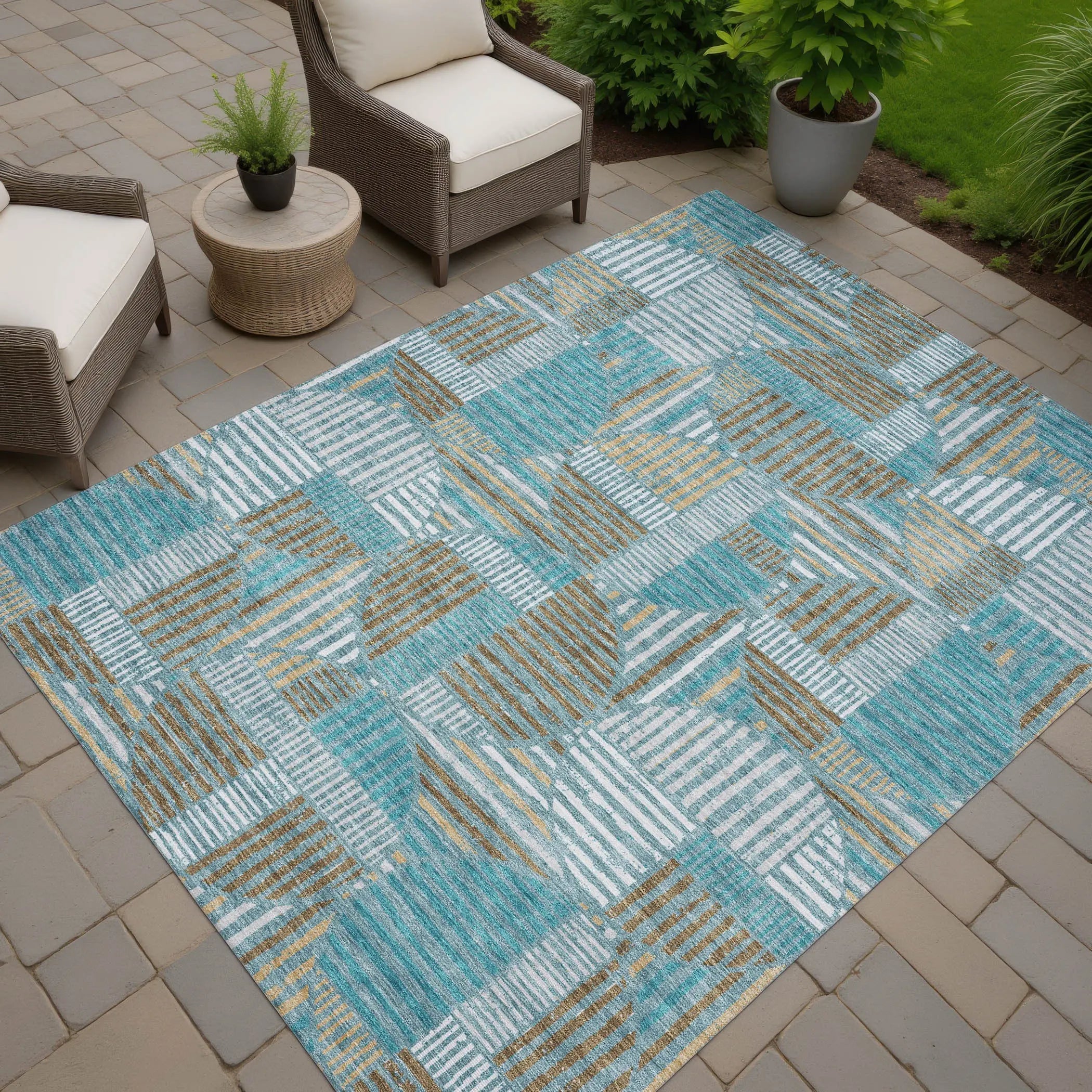 3' X 5' Teal Blue And Brown Geometric Washable Indoor Outdoor Area Rug Homeroots Outdoor