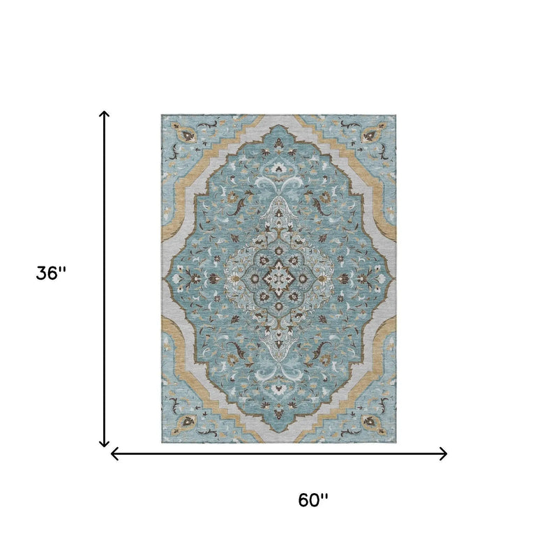 3' X 5' Teal Blue And Brown Medallion Washable Indoor Outdoor Area Rug Homeroots Outdoor