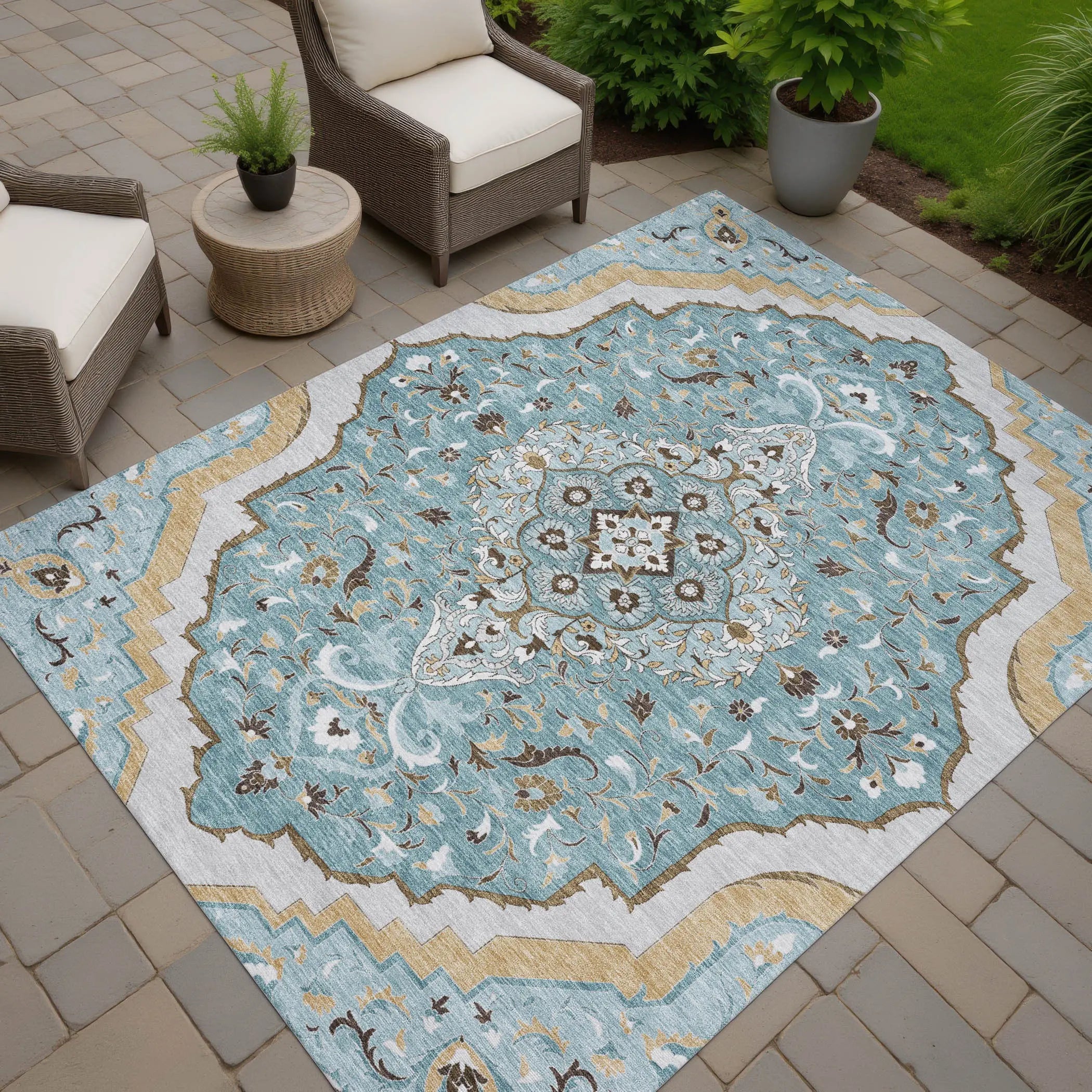 3' X 5' Teal Blue And Brown Medallion Washable Indoor Outdoor Area Rug Homeroots Outdoor