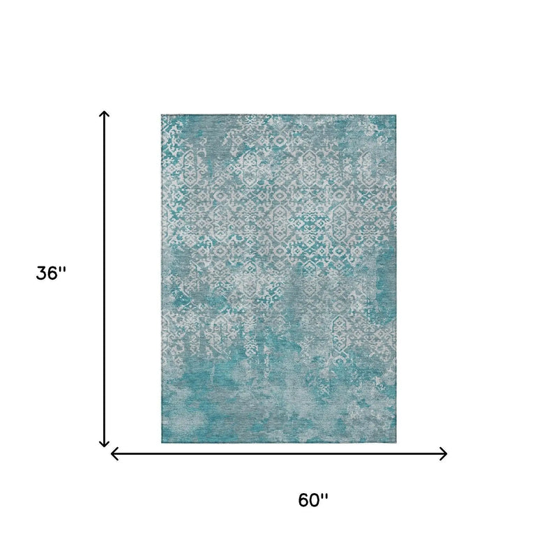 3' X 5' Teal Blue And Brown Oriental Washable Indoor Outdoor Area Rug Homeroots Outdoor