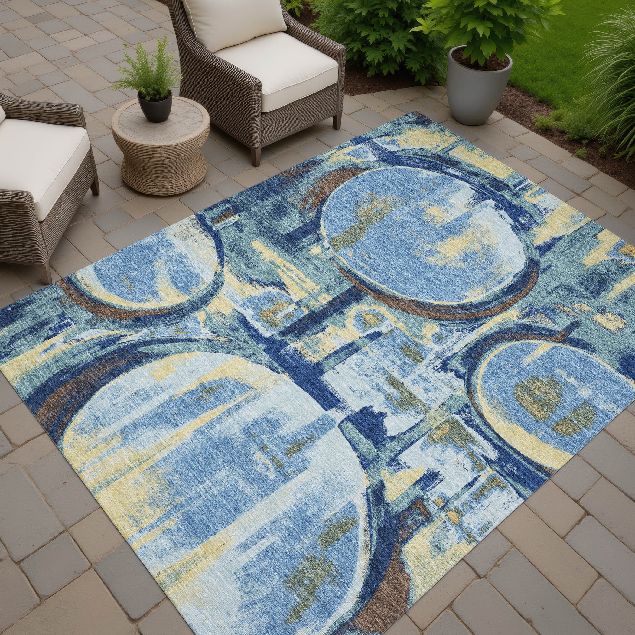 3' X 5' Teal Blue And Denim Blue Abstract Washable Indoor Outdoor Area Rug Homeroots Outdoor