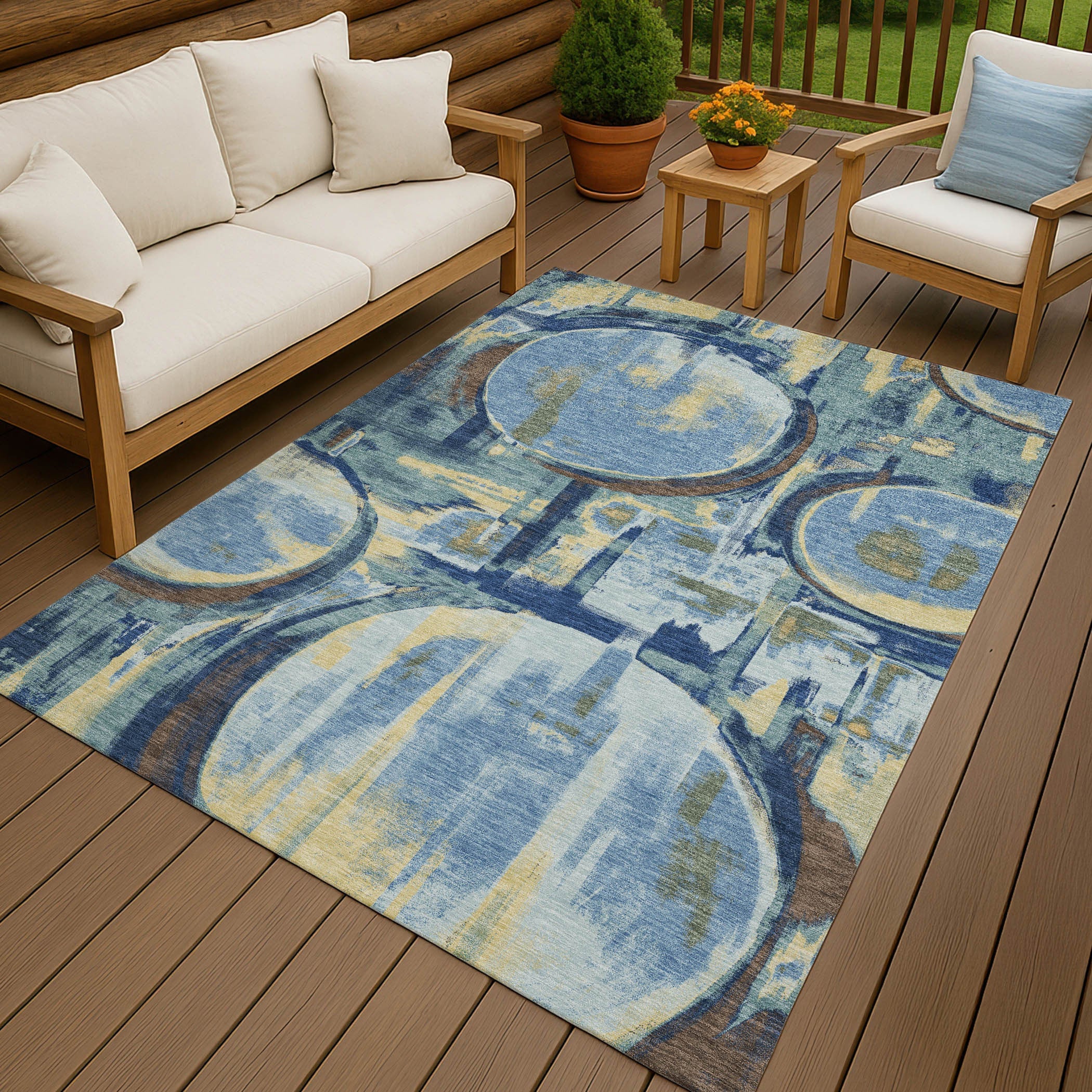 3' X 5' Teal Blue And Denim Blue Abstract Washable Indoor Outdoor Area Rug Homeroots Outdoor