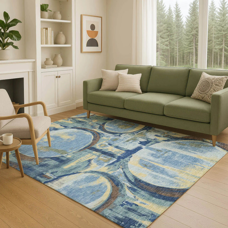3' X 5' Teal Blue And Denim Blue Abstract Washable Indoor Outdoor Area Rug Homeroots Outdoor