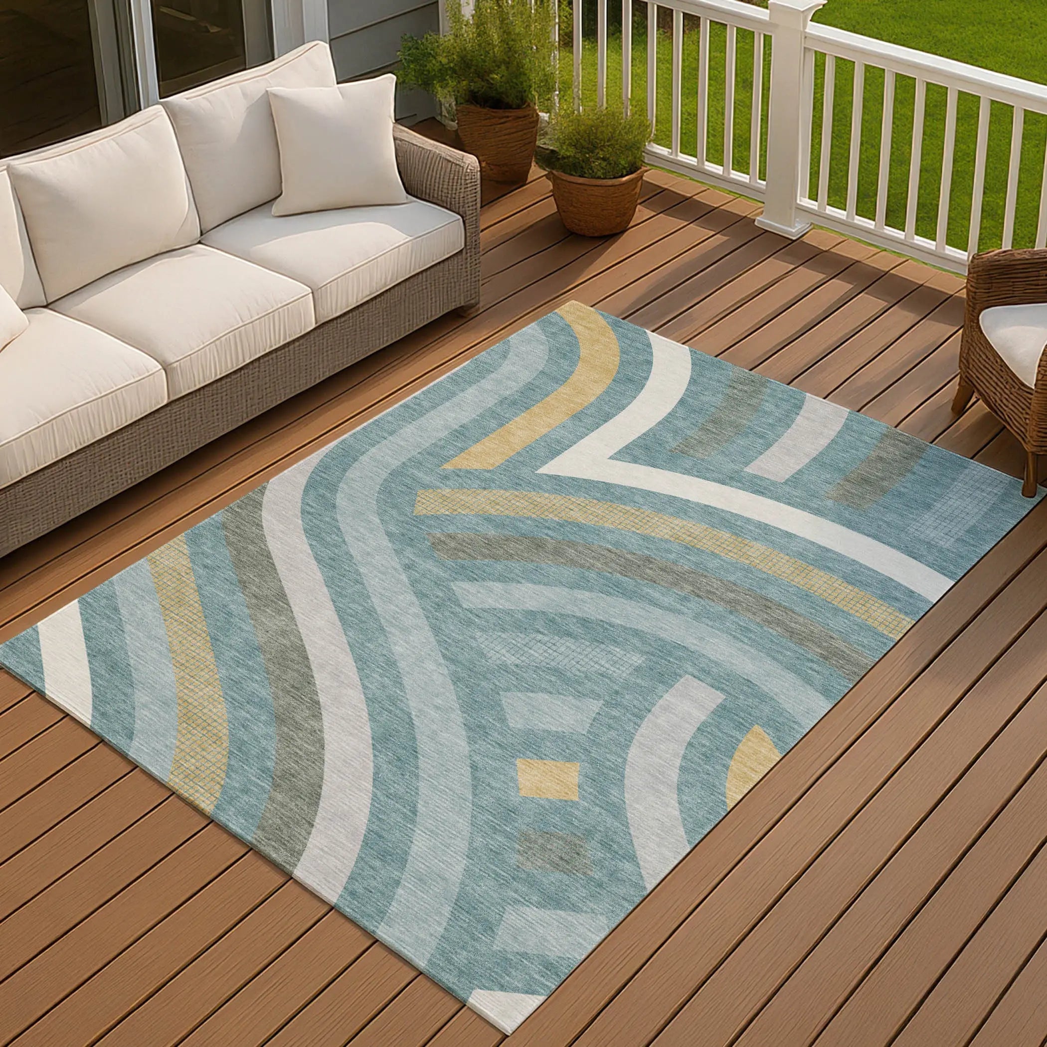 3' X 5' Teal Blue And Gold Abstract Washable Indoor Outdoor Area Rug Homeroots Outdoor