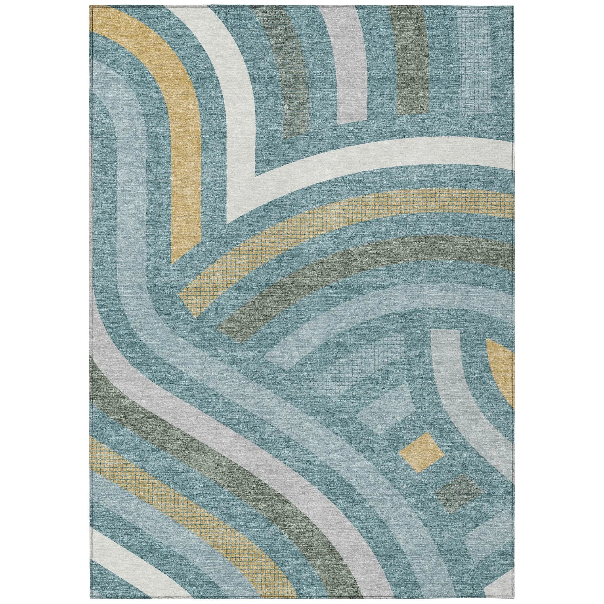 3' X 5' Teal Blue And Gold Abstract Washable Indoor Outdoor Area Rug Homeroots Outdoor