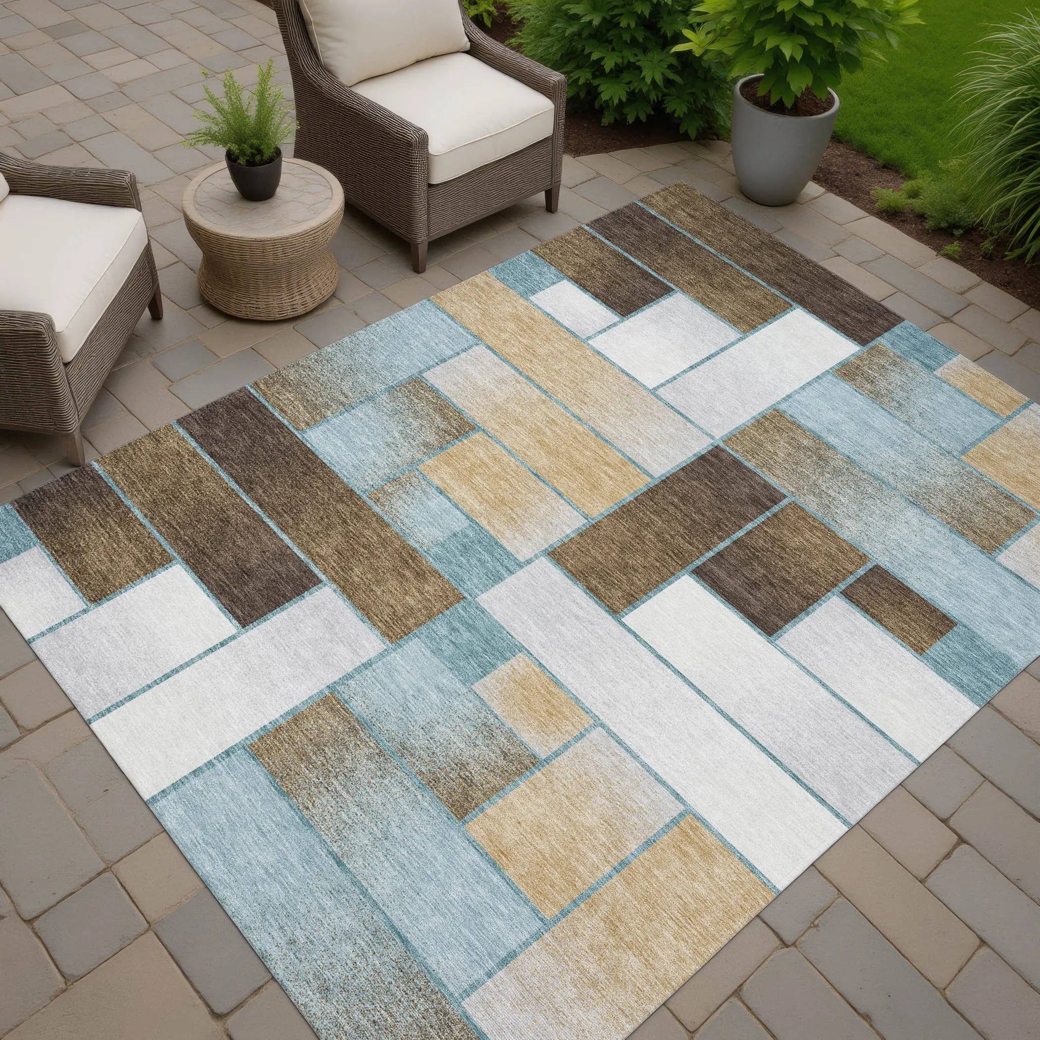 3' X 5' Teal Blue And Gold Geometric Washable Indoor Outdoor Area Rug Homeroots Outdoor