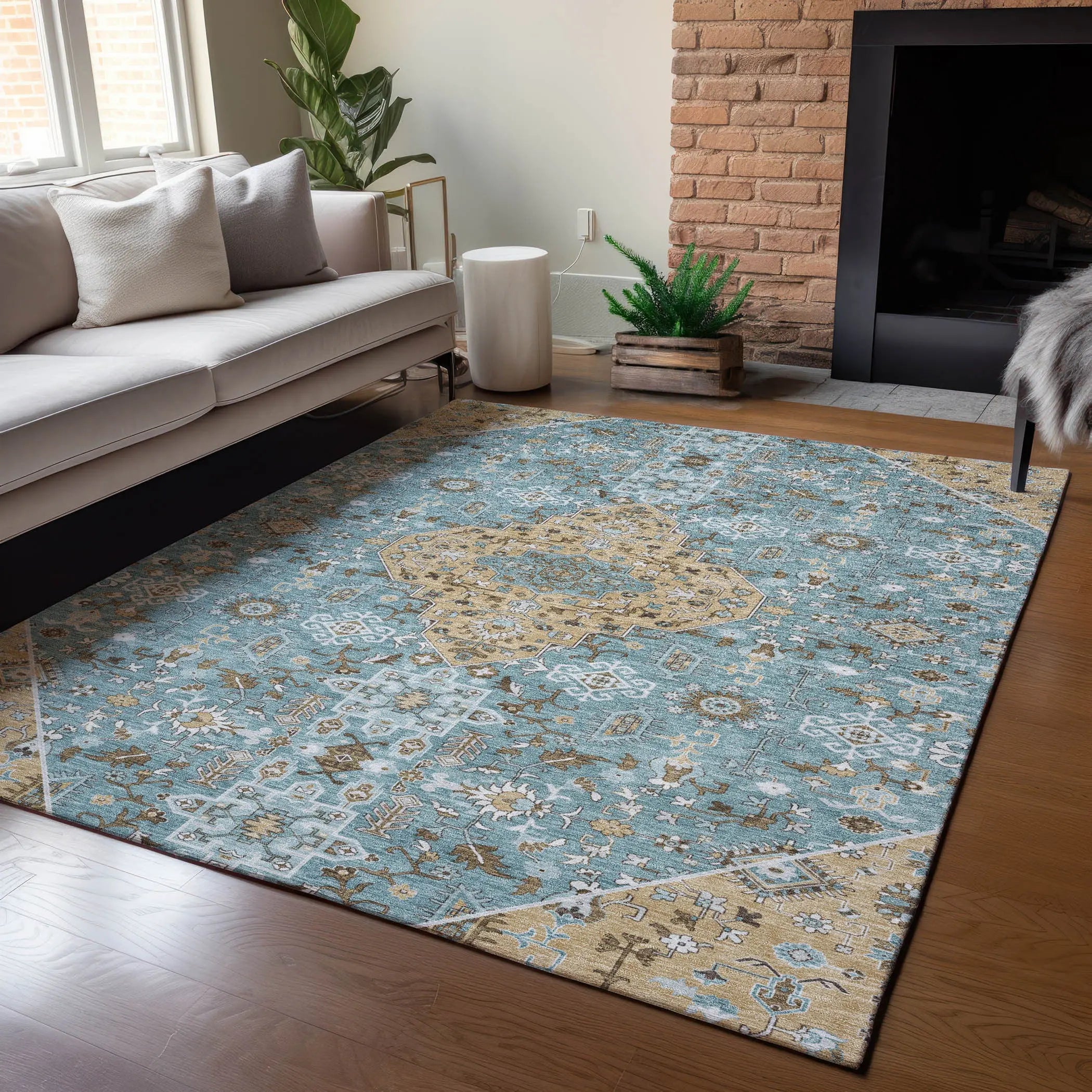 3' X 5' Teal Blue And Graphite Medallion Washable Indoor Outdoor Area Rug Homeroots Outdoor