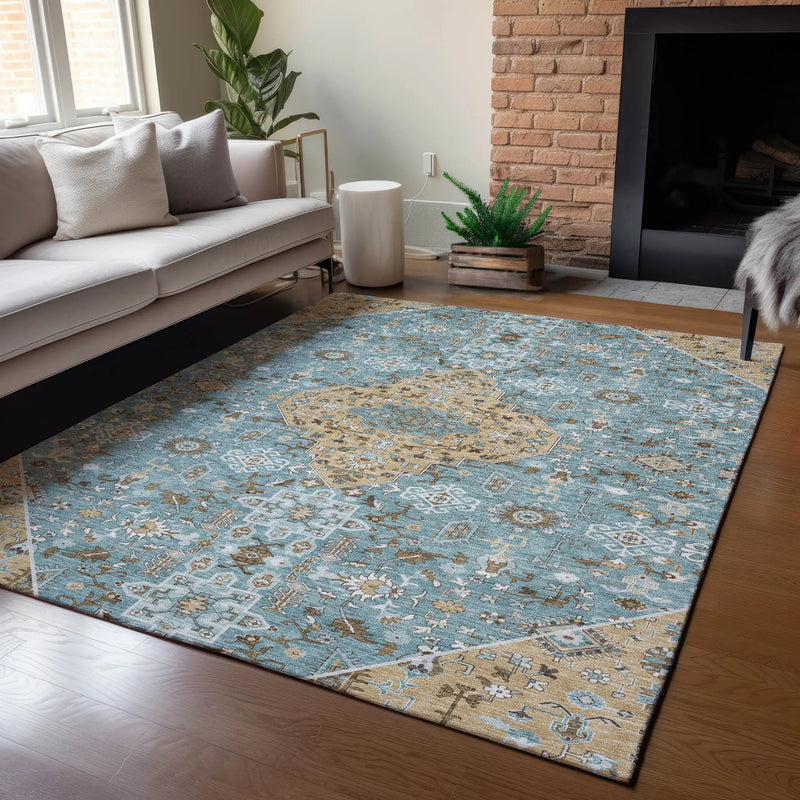 3' X 5' Teal Blue And Graphite Medallion Washable Indoor Outdoor Area Rug Homeroots Outdoor