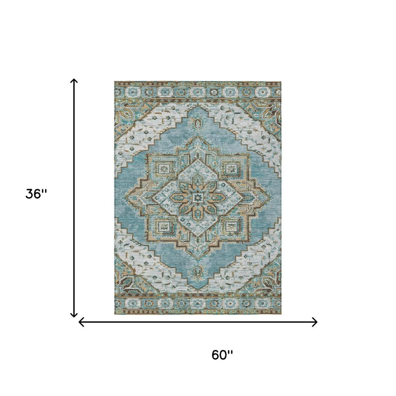 3' X 5' Teal Blue And Graphite Oriental Washable Indoor Outdoor Area Rug Homeroots Outdoor