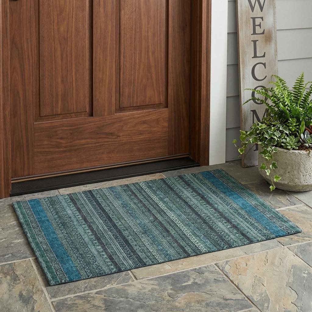 3' X 5' Teal Blue And Graphite Striped Washable Indoor Outdoor Area Rug Homeroots Outdoor