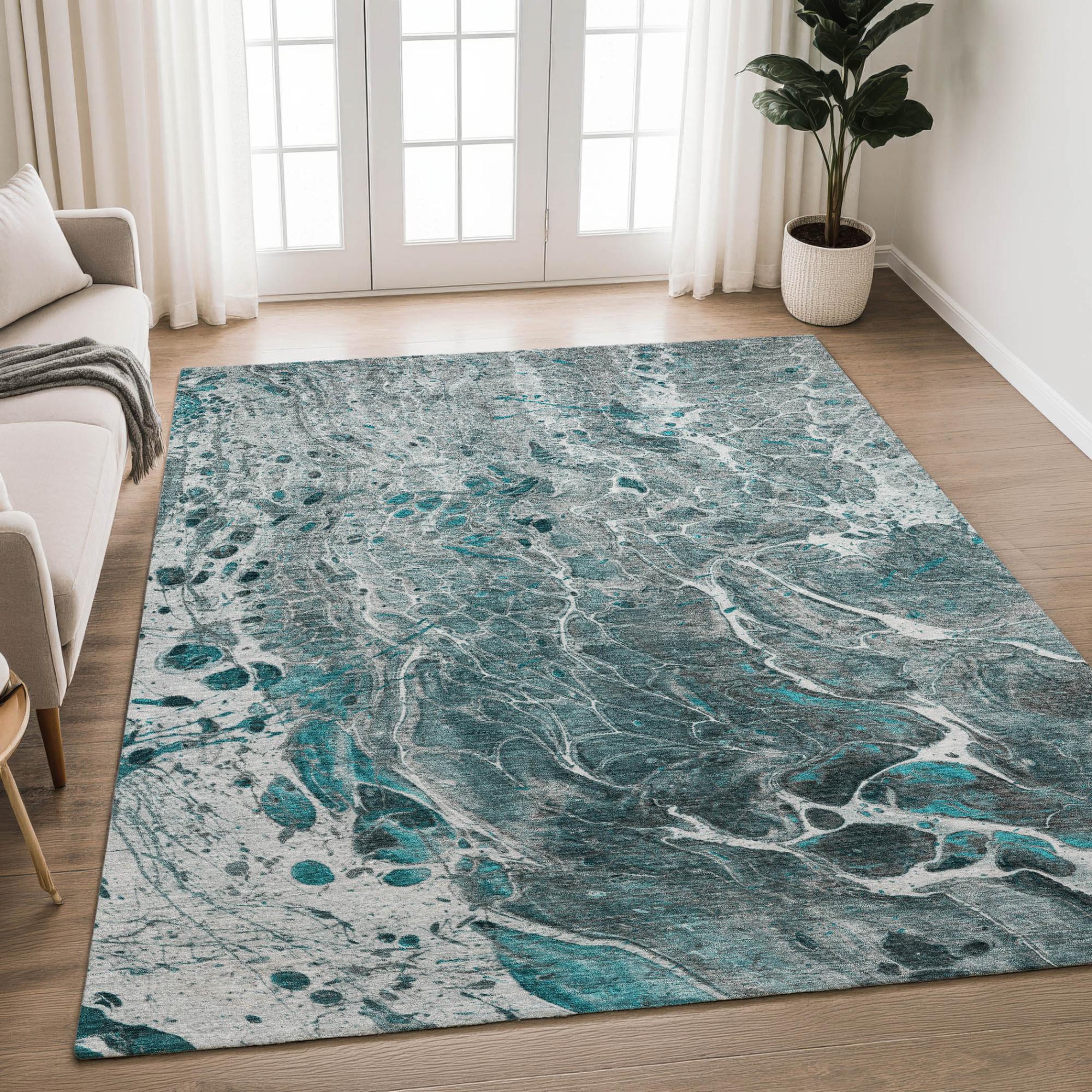 3' X 5' Teal Blue And Gray Abstract Washable Indoor Outdoor Area Rug Homeroots Outdoor