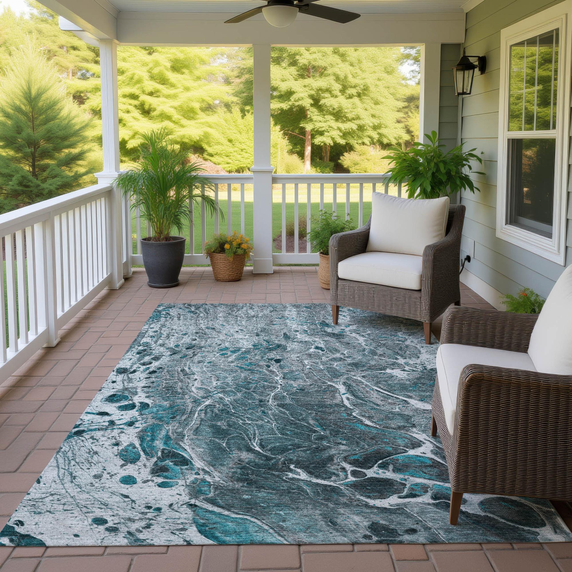 3' X 5' Teal Blue And Gray Abstract Washable Indoor Outdoor Area Rug Homeroots Outdoor