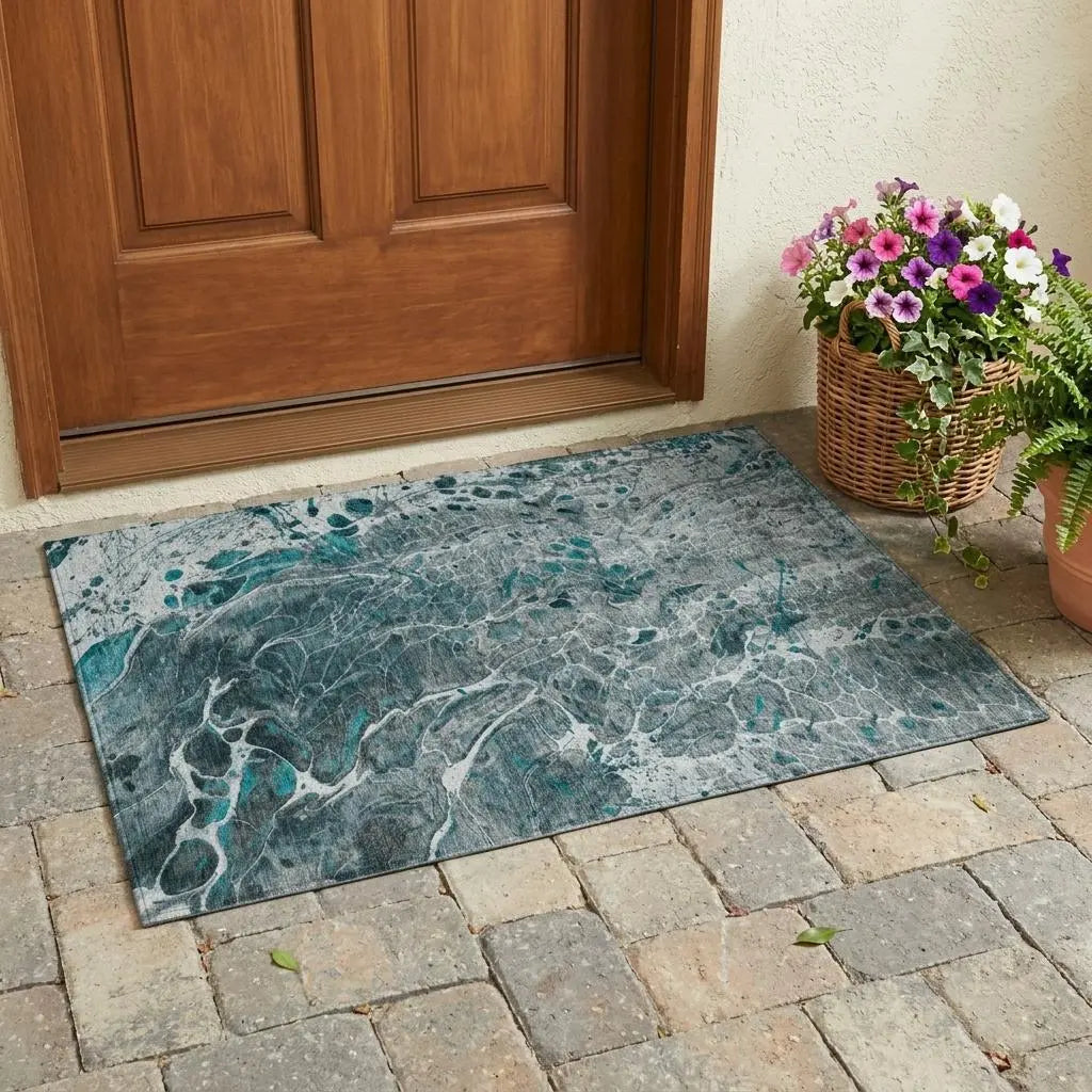 3' X 5' Teal Blue And Gray Abstract Washable Indoor Outdoor Area Rug Homeroots Outdoor