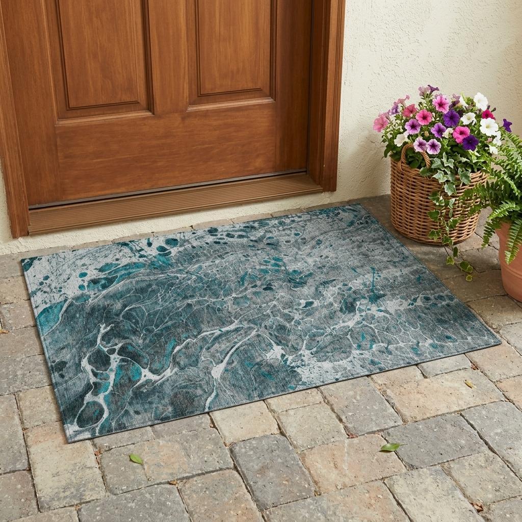 3' X 5' Teal Blue And Gray Abstract Washable Indoor Outdoor Area Rug Homeroots Outdoor