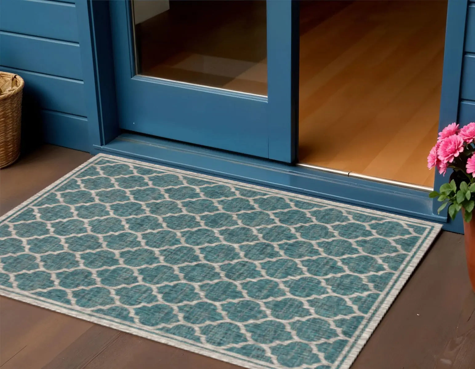 3' X 5' Teal Blue And Gray Geometric Indoor Outdoor Area Rug Homeroots Outdoor