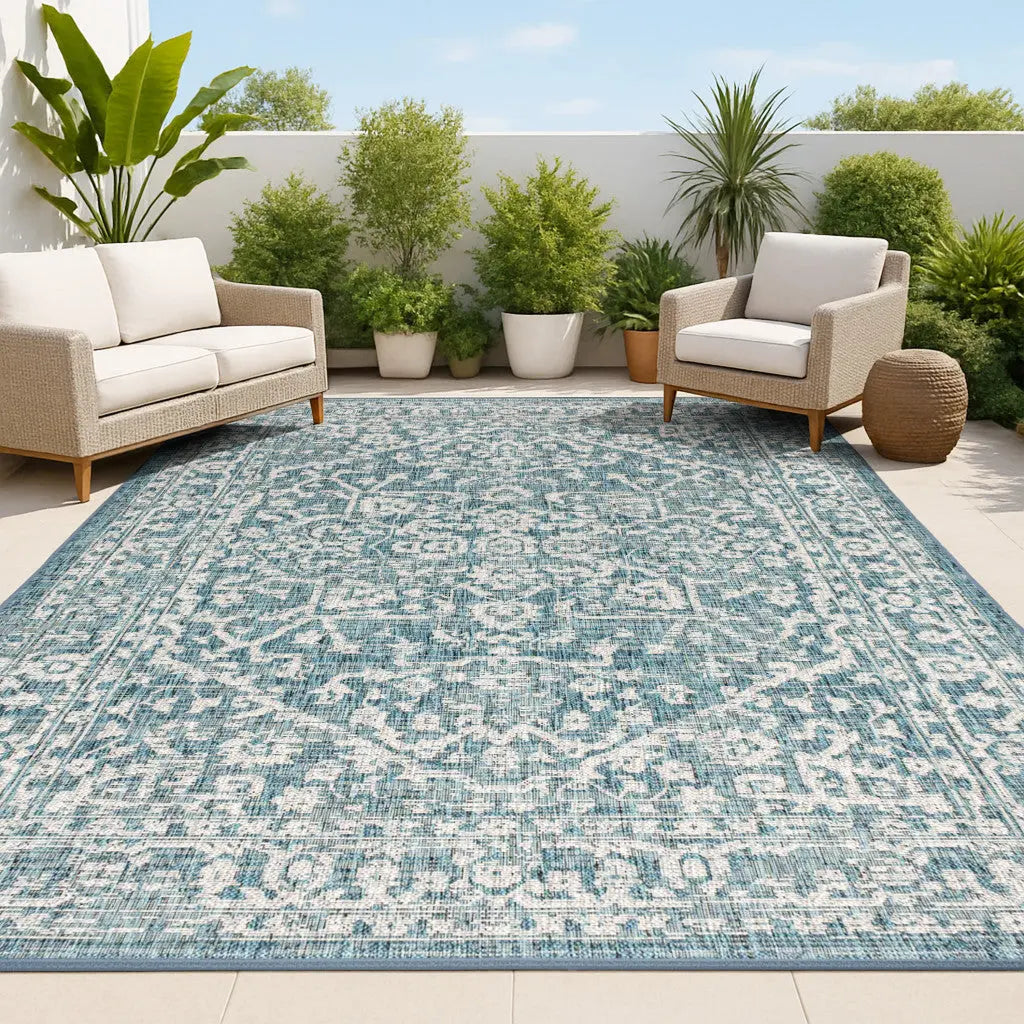 3' X 5' Teal Blue And Gray Medallion Indoor Outdoor Area Rug Homeroots Outdoor