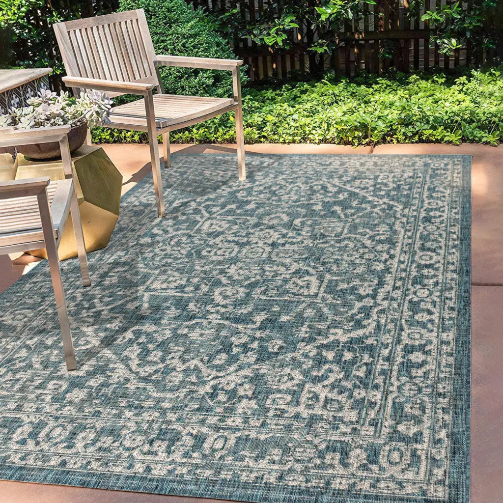3' X 5' Teal Blue And Gray Medallion Indoor Outdoor Area Rug Homeroots Outdoor