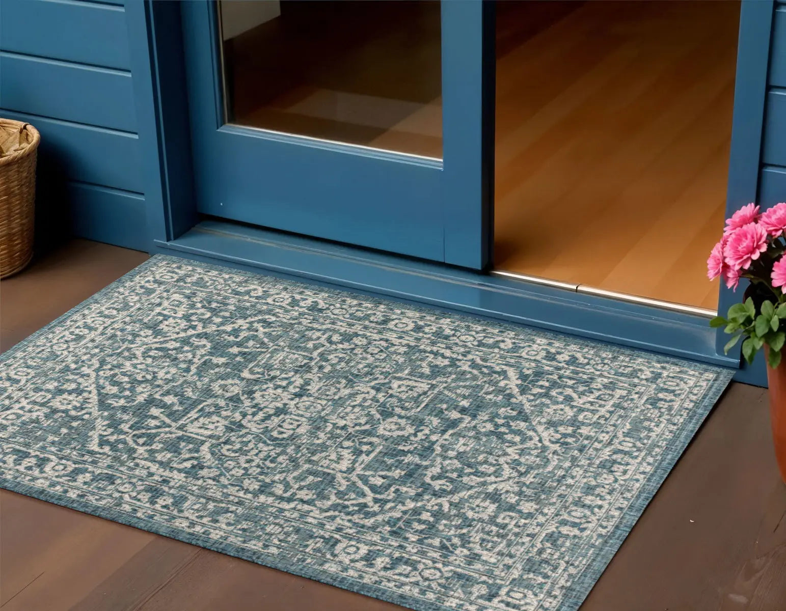 3' X 5' Teal Blue And Gray Medallion Indoor Outdoor Area Rug Homeroots Outdoor