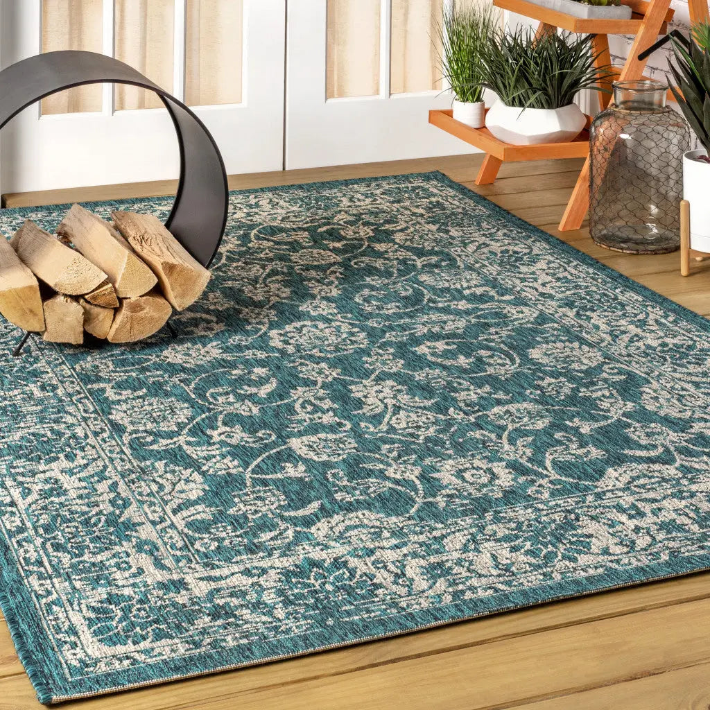 3' X 5' Teal Blue And Gray Medallion Indoor Outdoor Area Rug Homeroots Outdoor