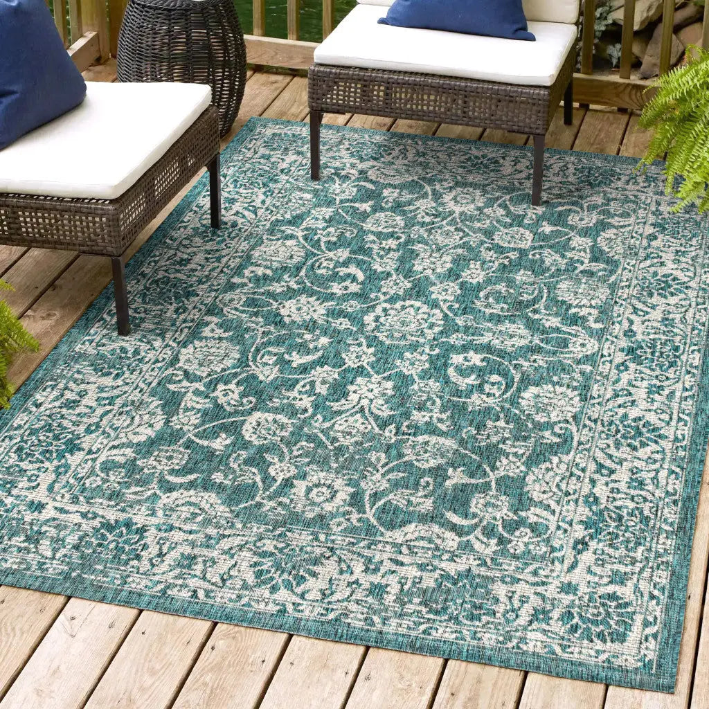 3' X 5' Teal Blue And Gray Medallion Indoor Outdoor Area Rug Homeroots Outdoor