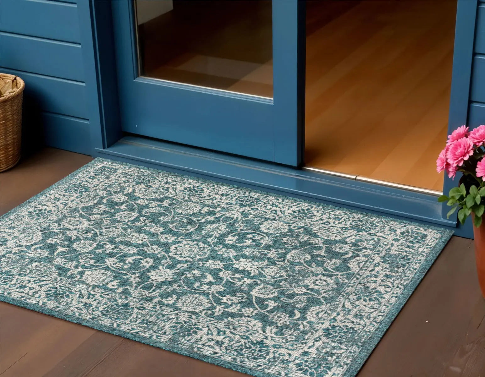 3' X 5' Teal Blue And Gray Medallion Indoor Outdoor Area Rug Homeroots Outdoor