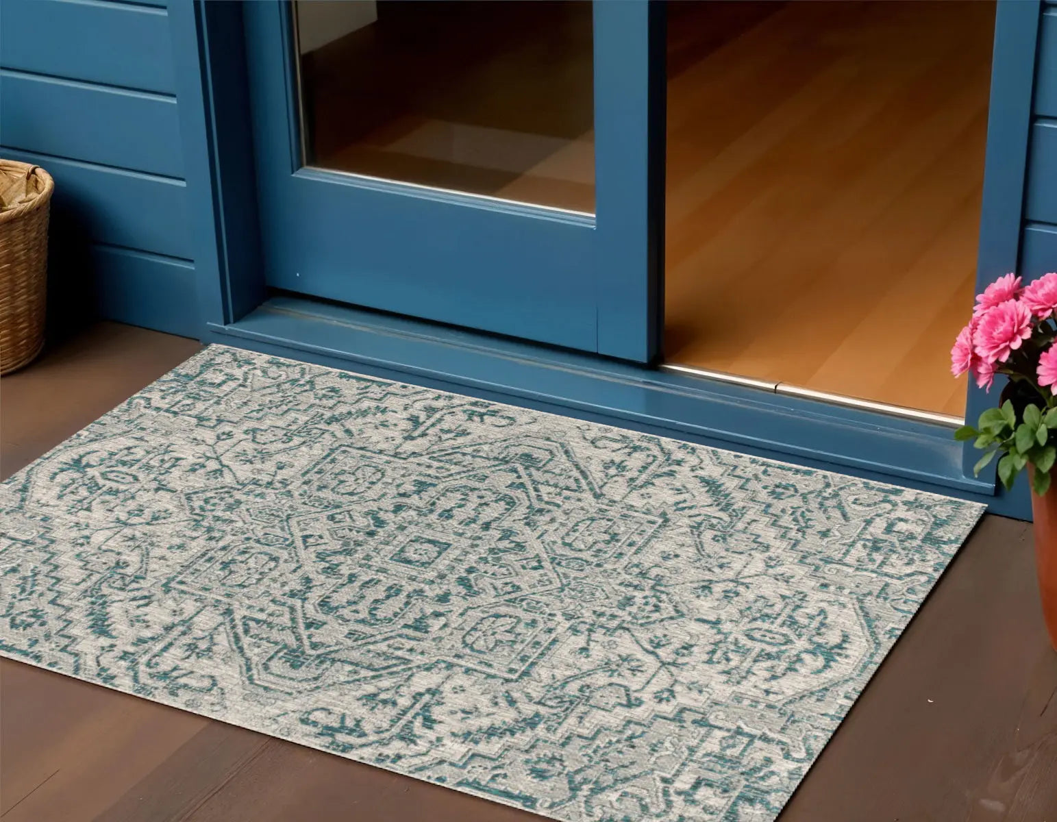 3' X 5' Teal Blue And Gray Medallion Indoor Outdoor Area Rug Homeroots Outdoor