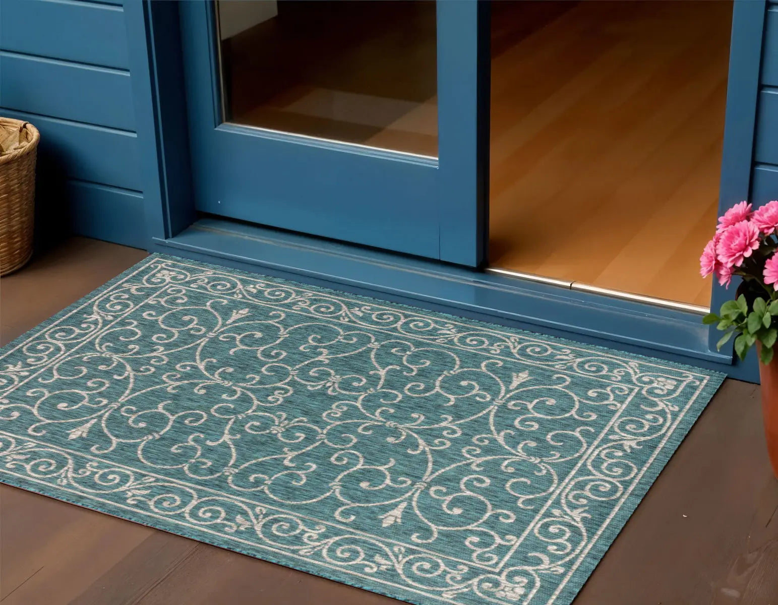 3' X 5' Teal Blue And Gray Medallion Indoor Outdoor Area Rug Homeroots Outdoor