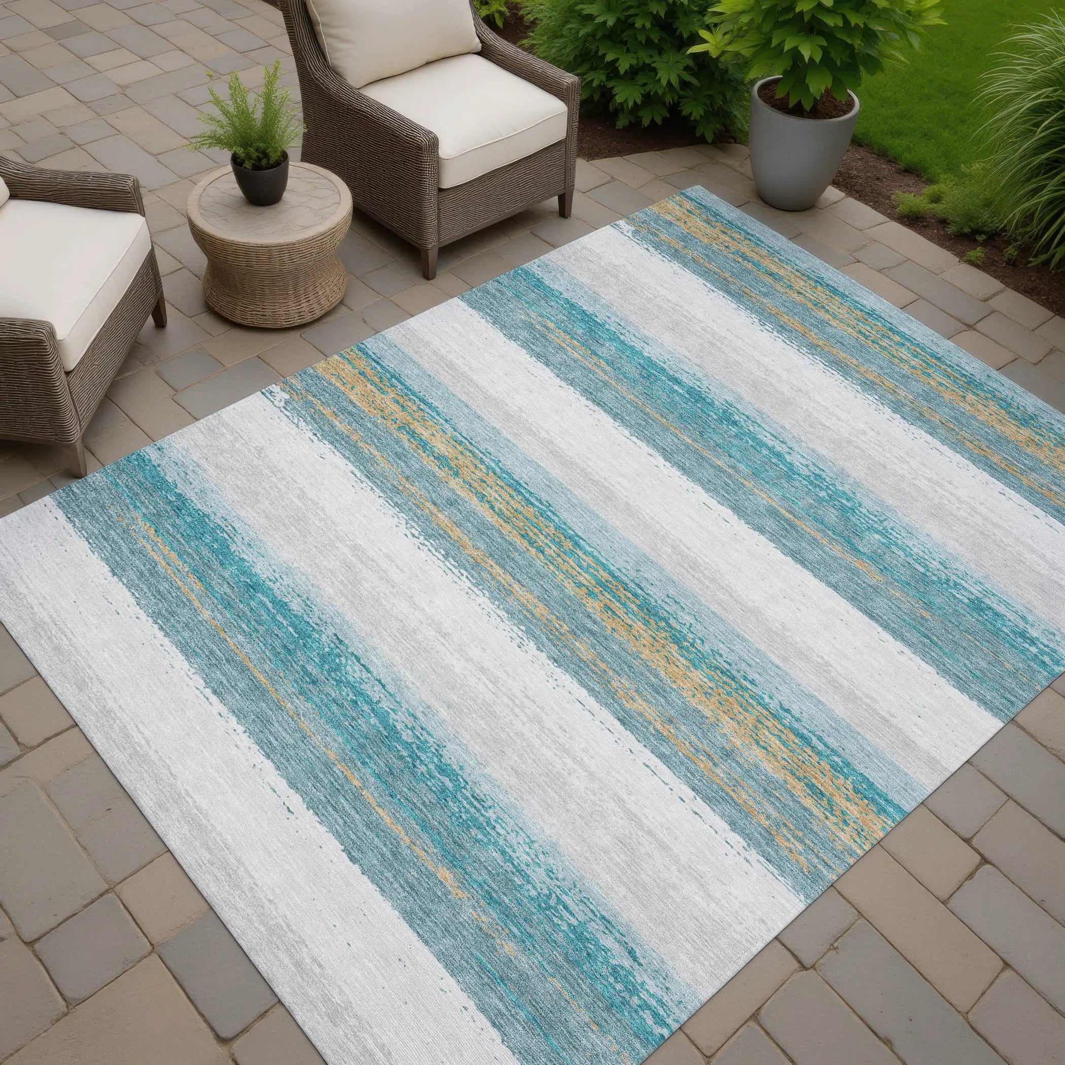 3' X 5' Teal Blue And Gray Striped Washable Indoor Outdoor Area Rug Homeroots Outdoor