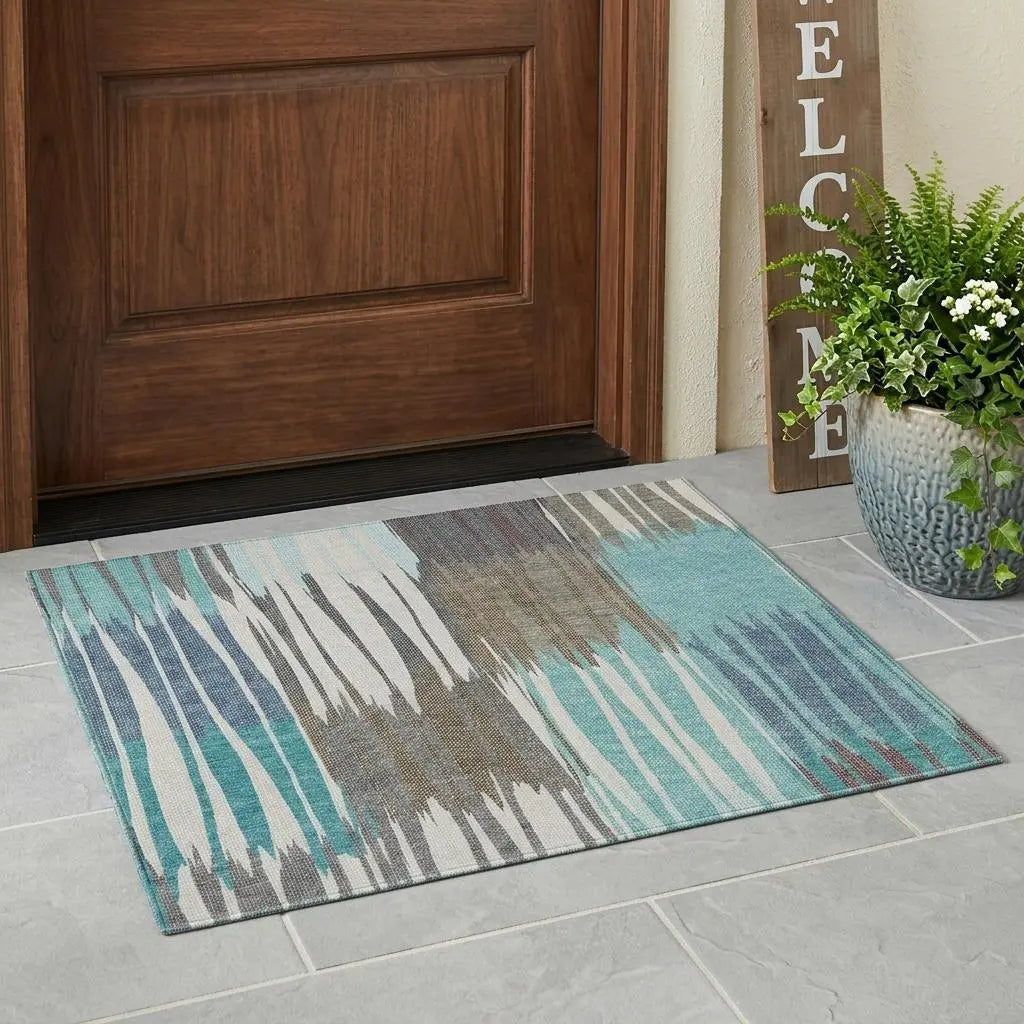 3' X 5' Teal Blue And Gray Striped Washable Indoor Outdoor Area Rug Homeroots Outdoor