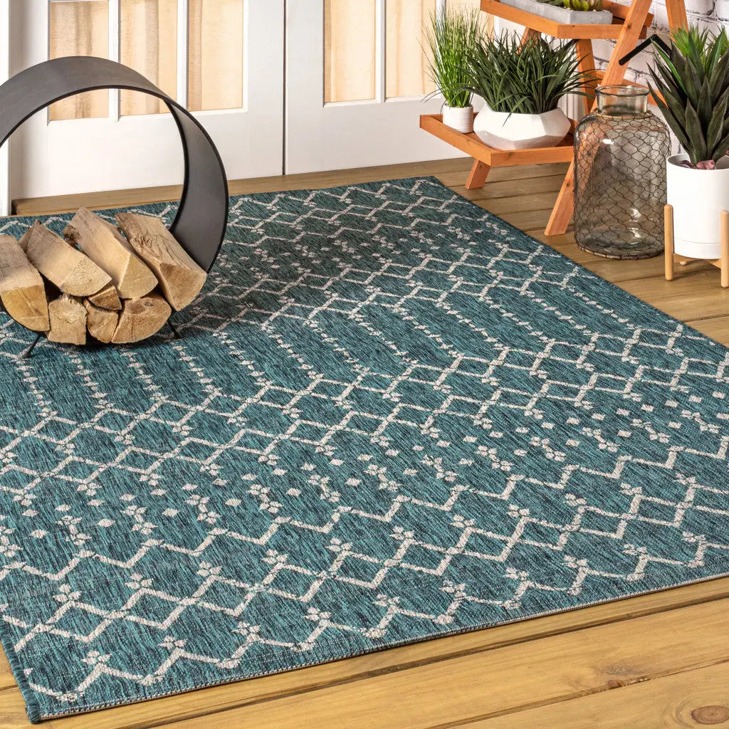 3' X 5' Teal Blue And Gray Trellis Indoor Outdoor Area Rug Homeroots Outdoor