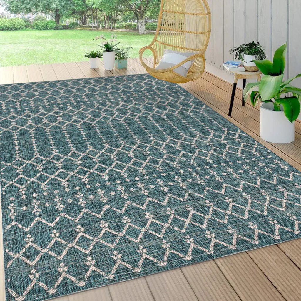 3' X 5' Teal Blue And Gray Trellis Indoor Outdoor Area Rug Homeroots Outdoor