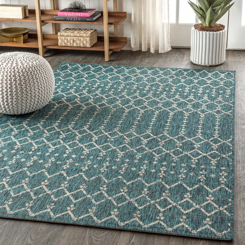 3' X 5' Teal Blue And Gray Trellis Indoor Outdoor Area Rug Homeroots Outdoor