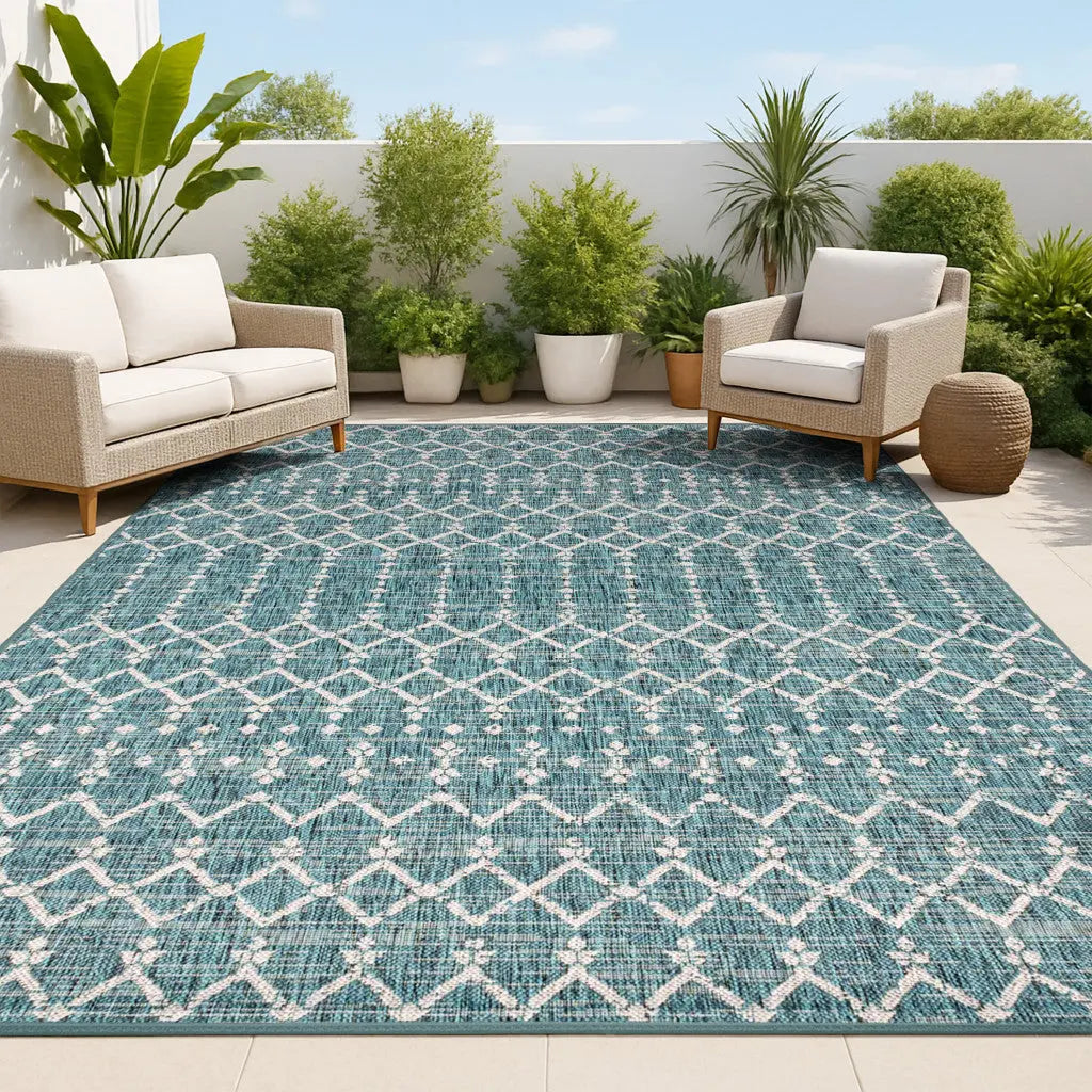 3' X 5' Teal Blue And Gray Trellis Indoor Outdoor Area Rug Homeroots Outdoor