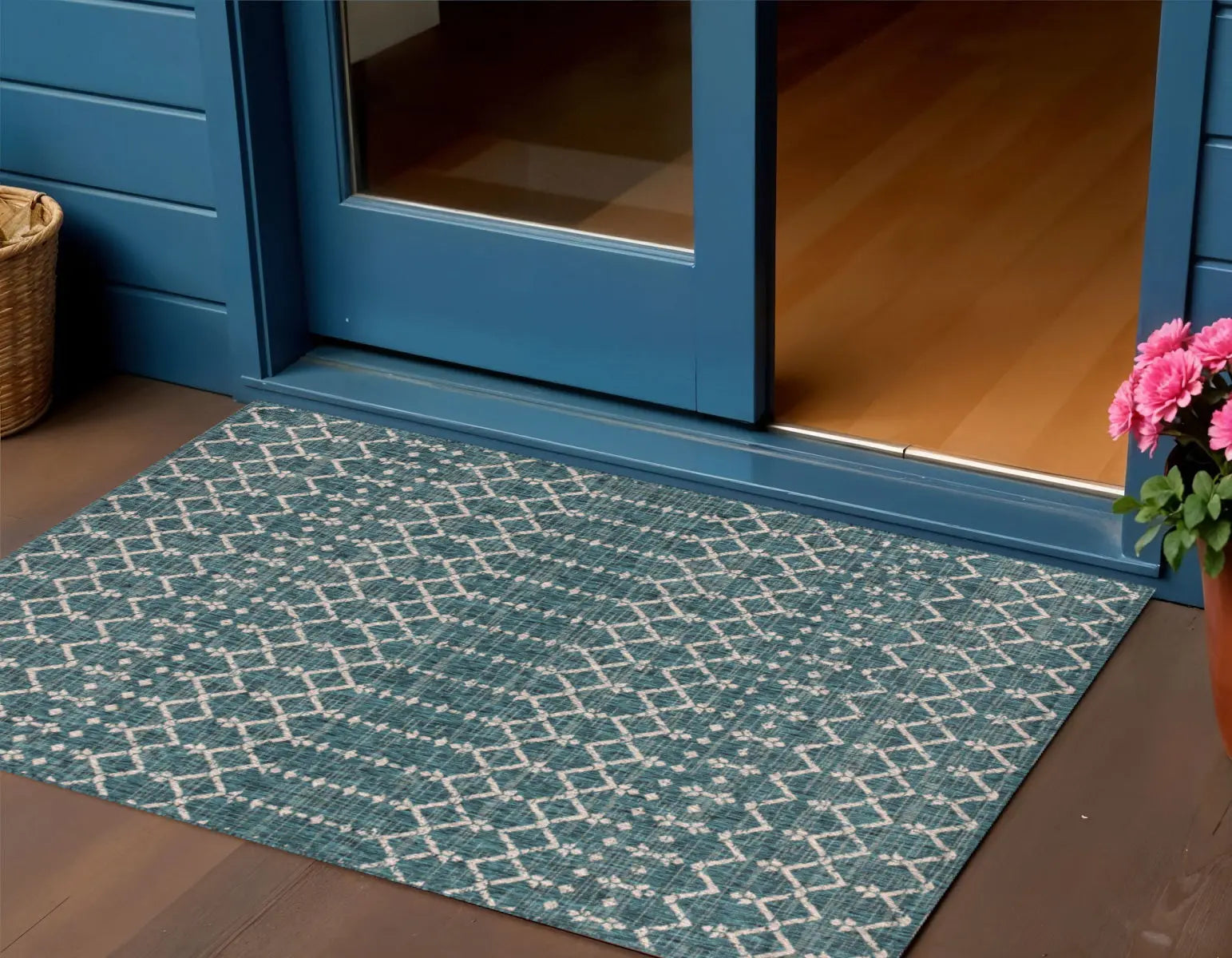 3' X 5' Teal Blue And Gray Trellis Indoor Outdoor Area Rug Homeroots Outdoor
