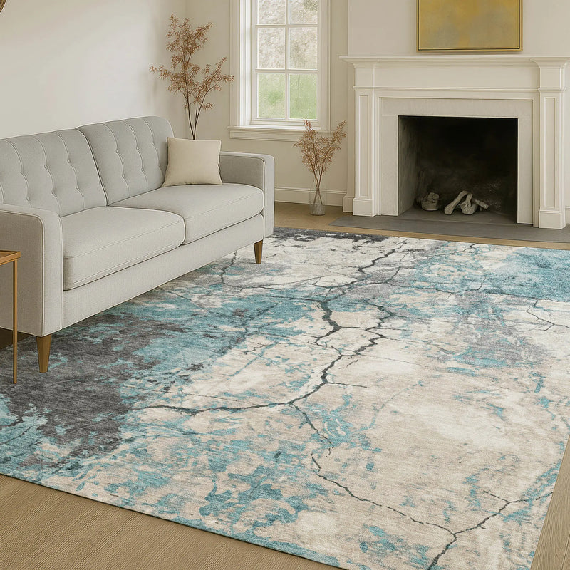 3' X 5' Teal Blue And Ivory Abstract Washable Indoor Outdoor Area Rug Homeroots Outdoor