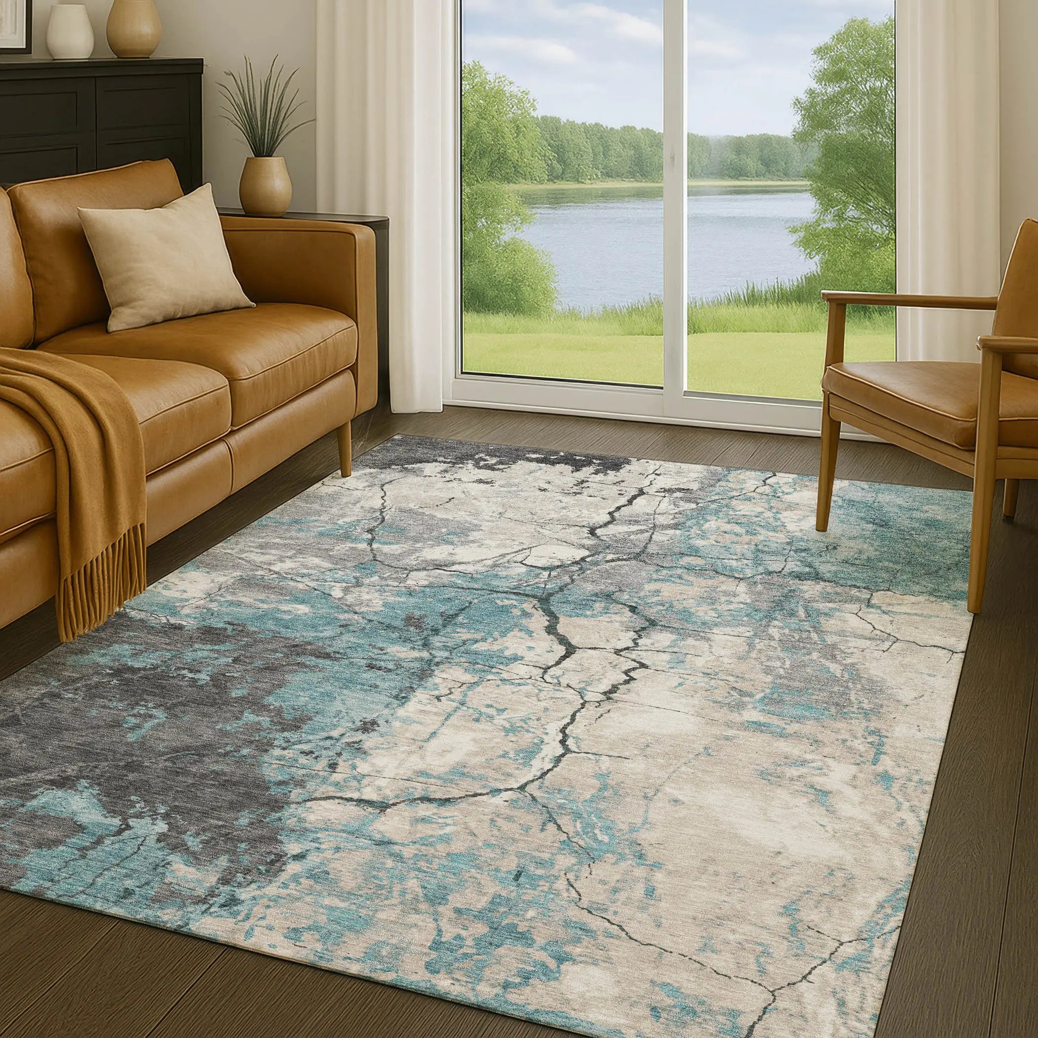 3' X 5' Teal Blue And Ivory Abstract Washable Indoor Outdoor Area Rug Homeroots Outdoor