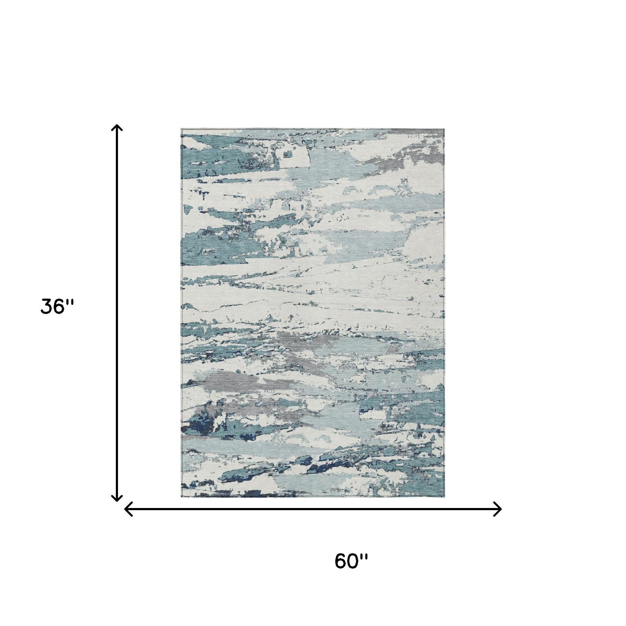 3' X 5' Teal Blue And Ivory Abstract Washable Indoor Outdoor Area Rug Homeroots Outdoor